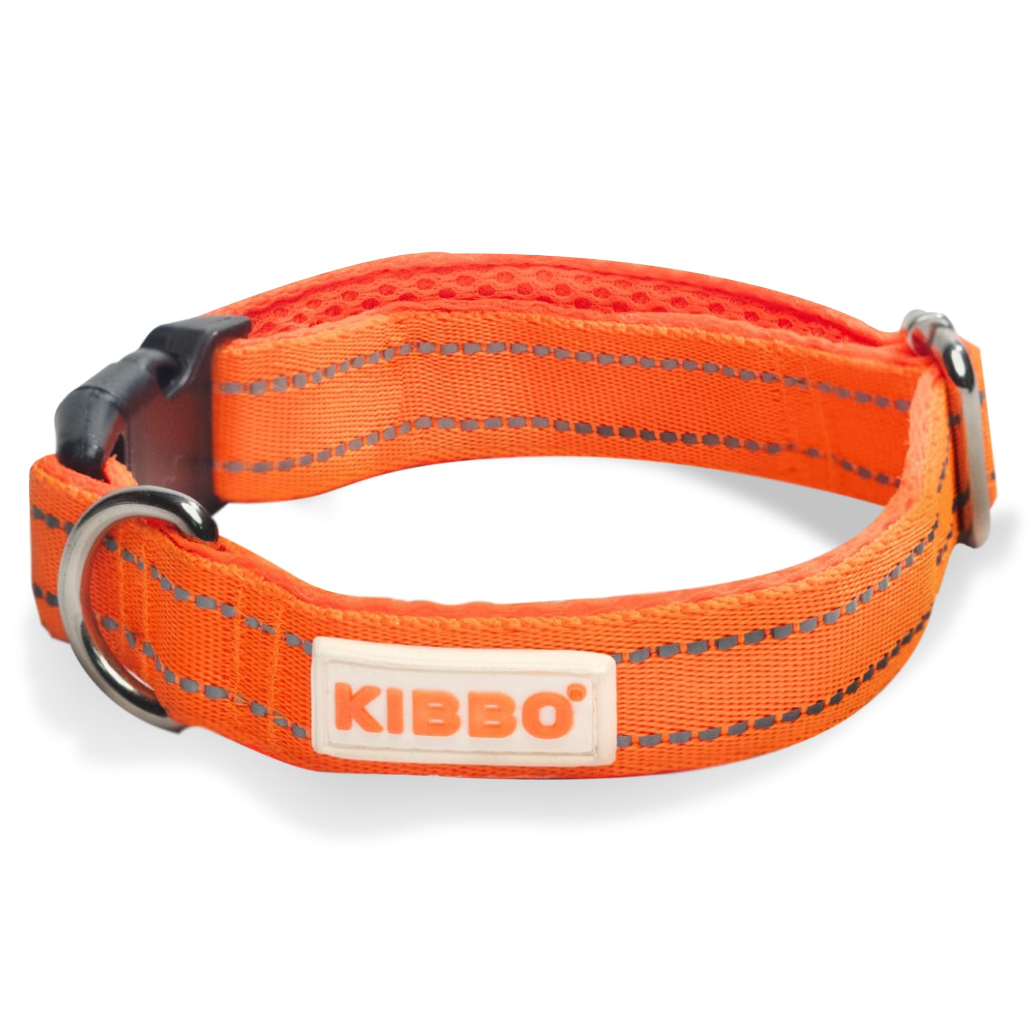 Premium Double Padded Reflective Dog Collar for Medium to Large Breeds - Ultra Soft Mesh & Nylon, Adjustable Length, Lightweight - Sturdy D-Ring & Buckle - Orange (Large) - Perfect for Night Walks, Training & Outdoor Adventures