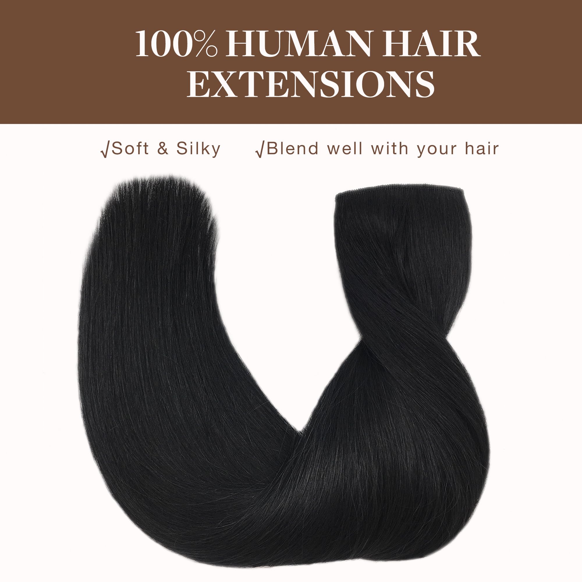 GOO GOO 20 Inch Jet Black Human Hair Extensions - 110g Invisible Wire Hairpiece with Transparent Fish Line for Seamless Blending | Perfect for Parties, Weddings, and Daily Styling