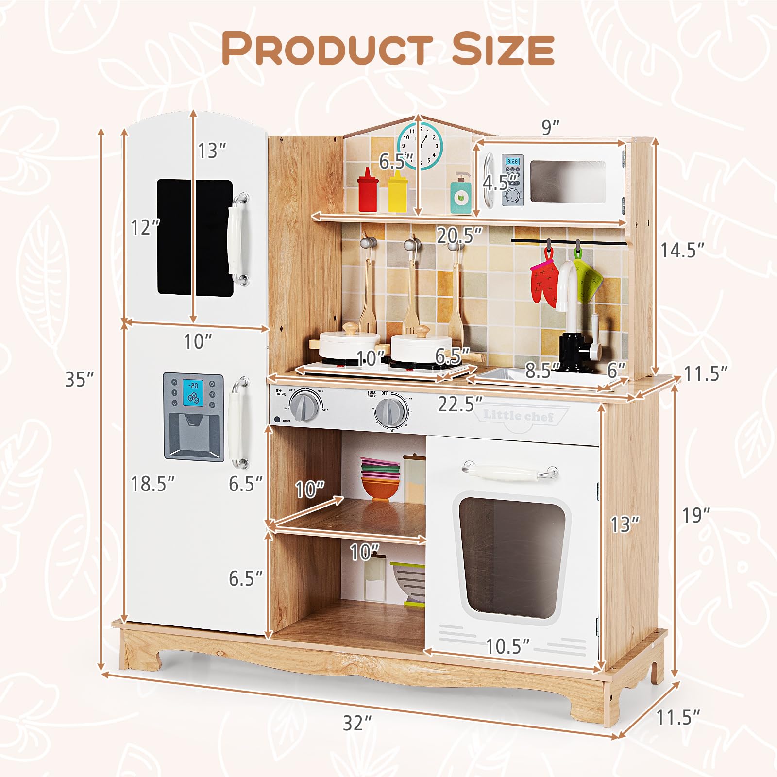 Costzon Wooden Kids Kitchen Playset with Light & Sound - Pretend Play Kitchen Toy for Toddlers Age 3+ | Includes Microwave, Oven, Sink, Ice Maker & Cooking Accessories | Perfect Gift for Boys & Girls - Great for Imaginative Play & Early Learning
