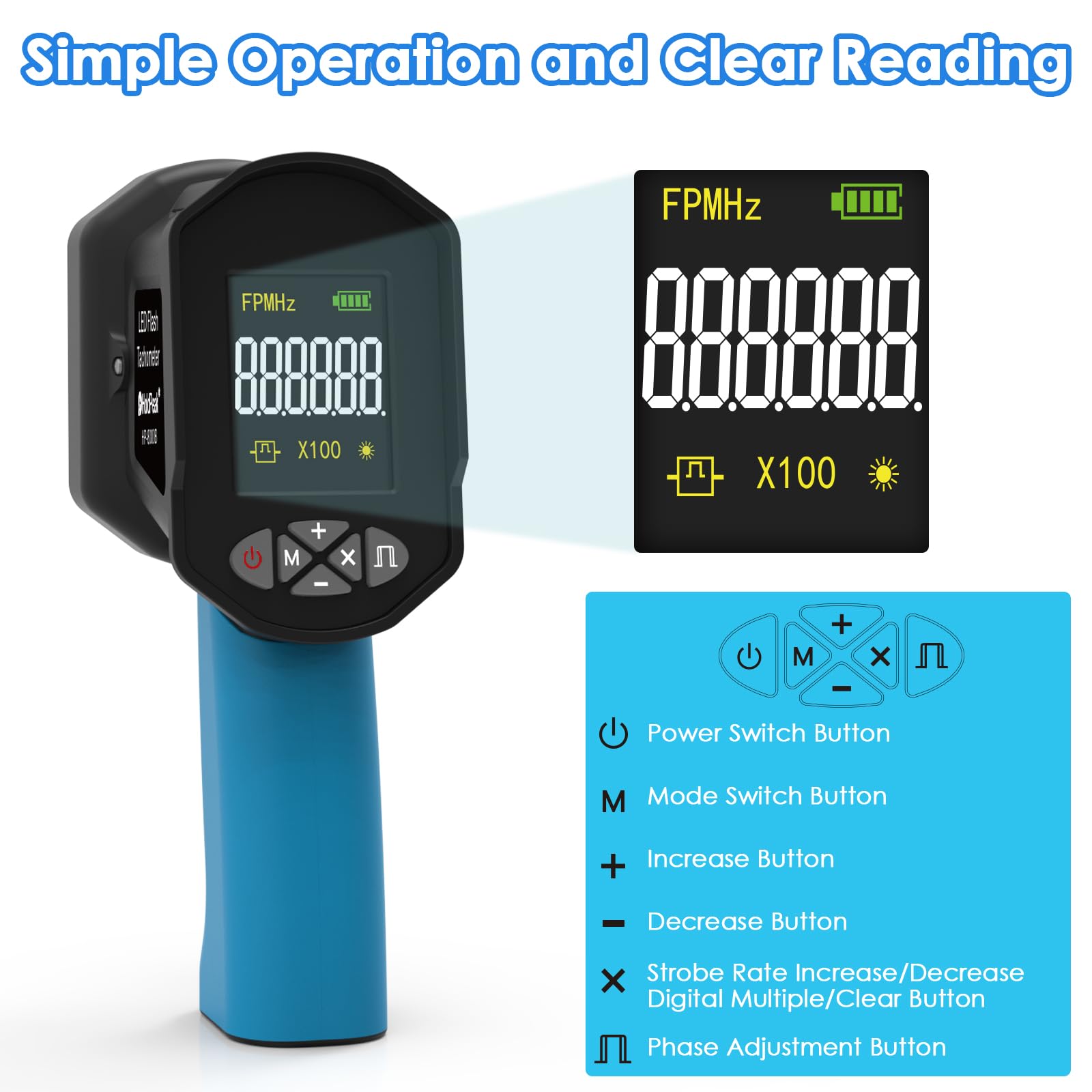 60-100000RPM Digital LED Stroboscope Tachometer - Non-Contact Handheld Strobe Light with 16 Adjustable LED Beads, LCD Display & USB Charging | Perfect for Fan Speed Testing, HVAC Motor Diagnostics, Tire Rotation Analysis & Engine RPM Measurement