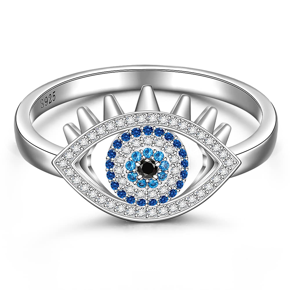 Evil Eye Protection Ring for Women - Sterling Silver Blue Sapphire Turkish Nazar Jewelry - Spiritual Third Eye Greek Religious Faith Lucky Gift - Size 7-8 - Perfect for Meditation, Yoga & Positive Energy