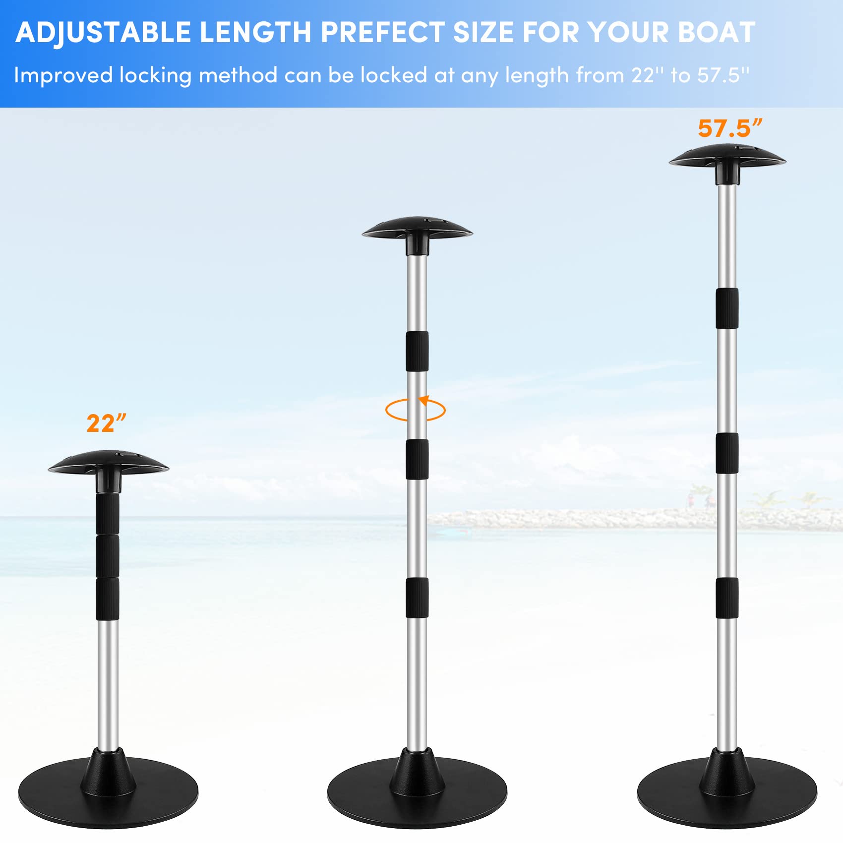 Premium Aluminum Boat Cover Support Poles 2-Pack - Adjustable Height 22” to 57.5” with Heavy-Duty Webbing Straps (Black) - Perfect for Marine Storage, Winter Boat Protection & RV Cover Support