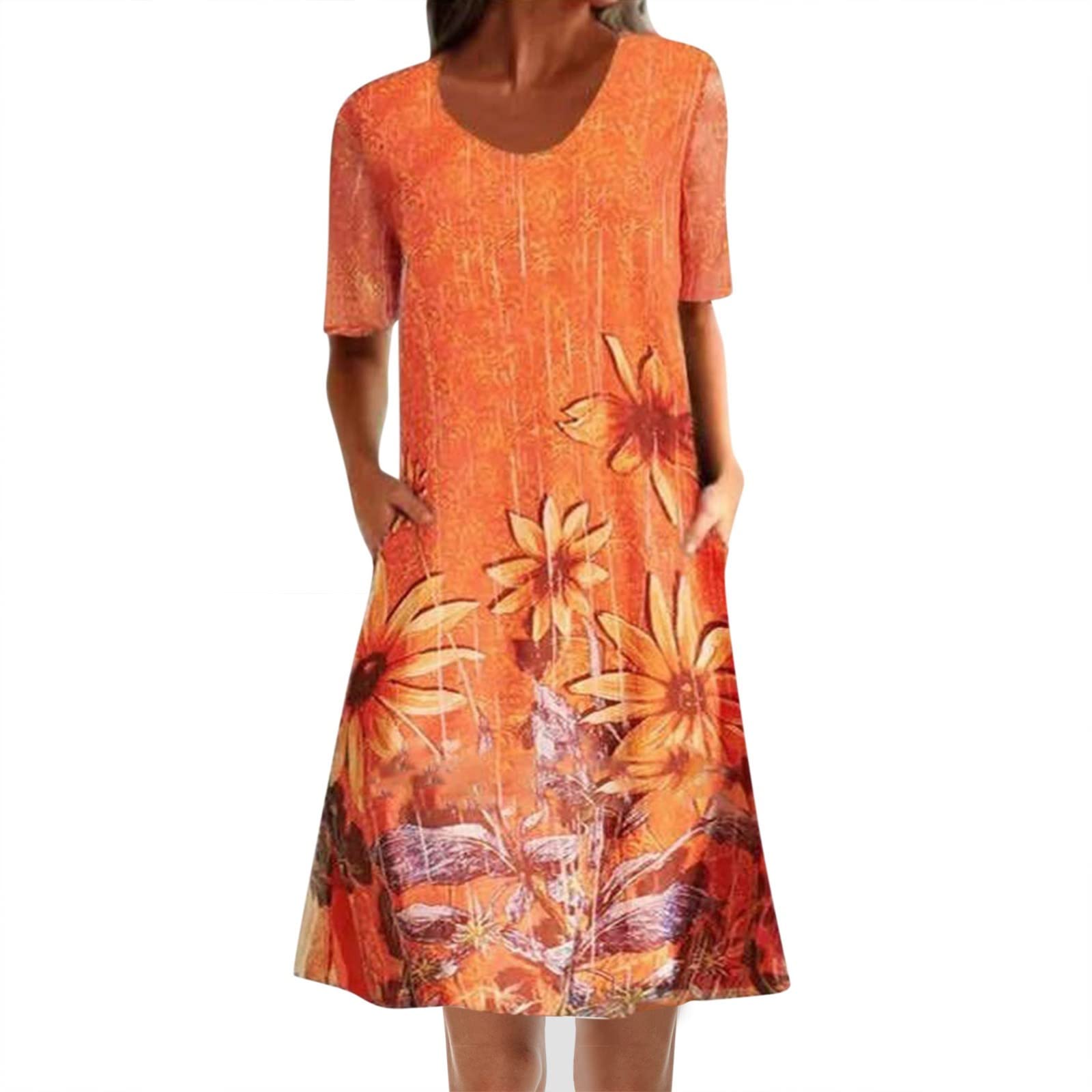 Boho Floral Print Short Sleeve Women's Summer Dress with Round Neck & Pockets - Casual Loose Fit Cute Dress for Beach, Vacation & Everyday Wear