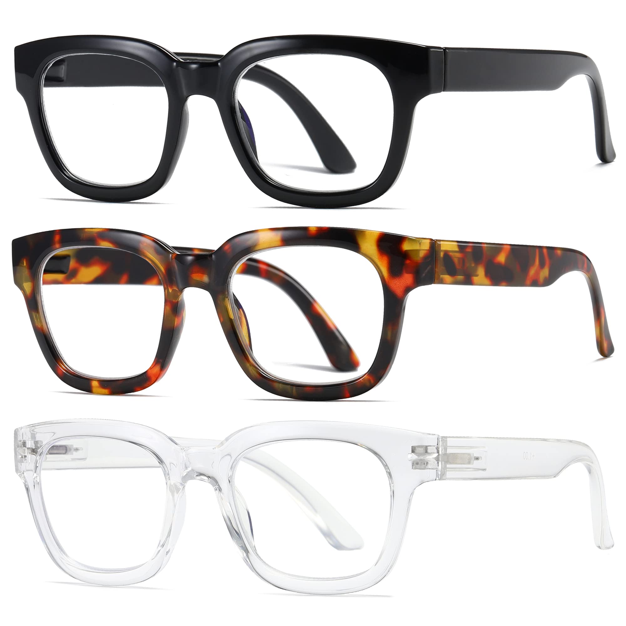 3 Pack Blue Light Blocking Reading Glasses for Women & Men - Oprah Style Computer Readers with Spring Hinge - Perfect for Office Work, Screen Time & Book Reading