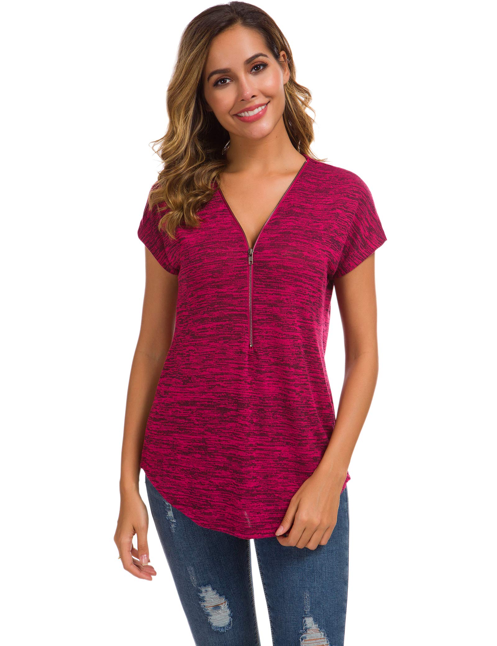 LUSMAY Women's Casual V-Neck Zipper Tunic Top - Loose Fit Short Sleeve Blouse for Summer, Work & Everyday Wear