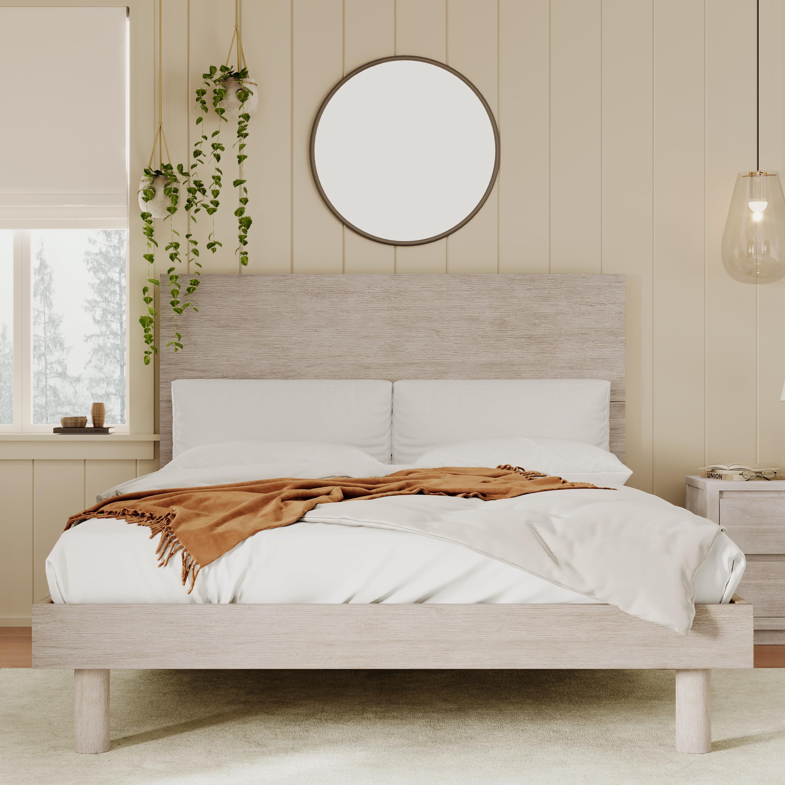 Harper & Bright Designs Solid Wood Full Bed Frame with Headboard - Sturdy Wooden Slats Support, Easy Assembly, Noise-Free Platform Bed - No Box Spring Needed in Stone Gray - Perfect for Modern Bedrooms, Guest Rooms & Small Spaces