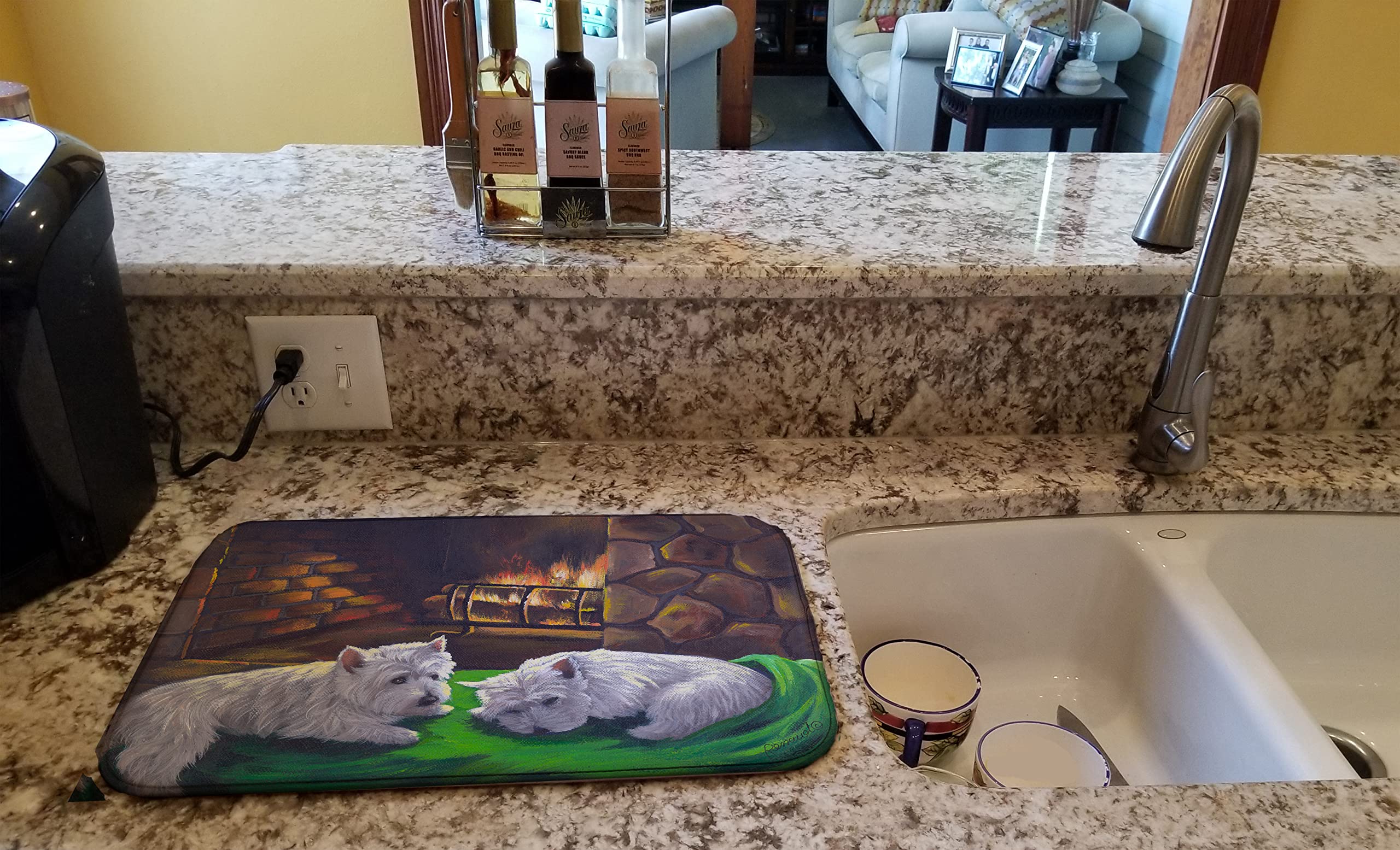 Westie Winter Night Dish Drying Mat - Absorbent Kitchen Counter Pad 14x21