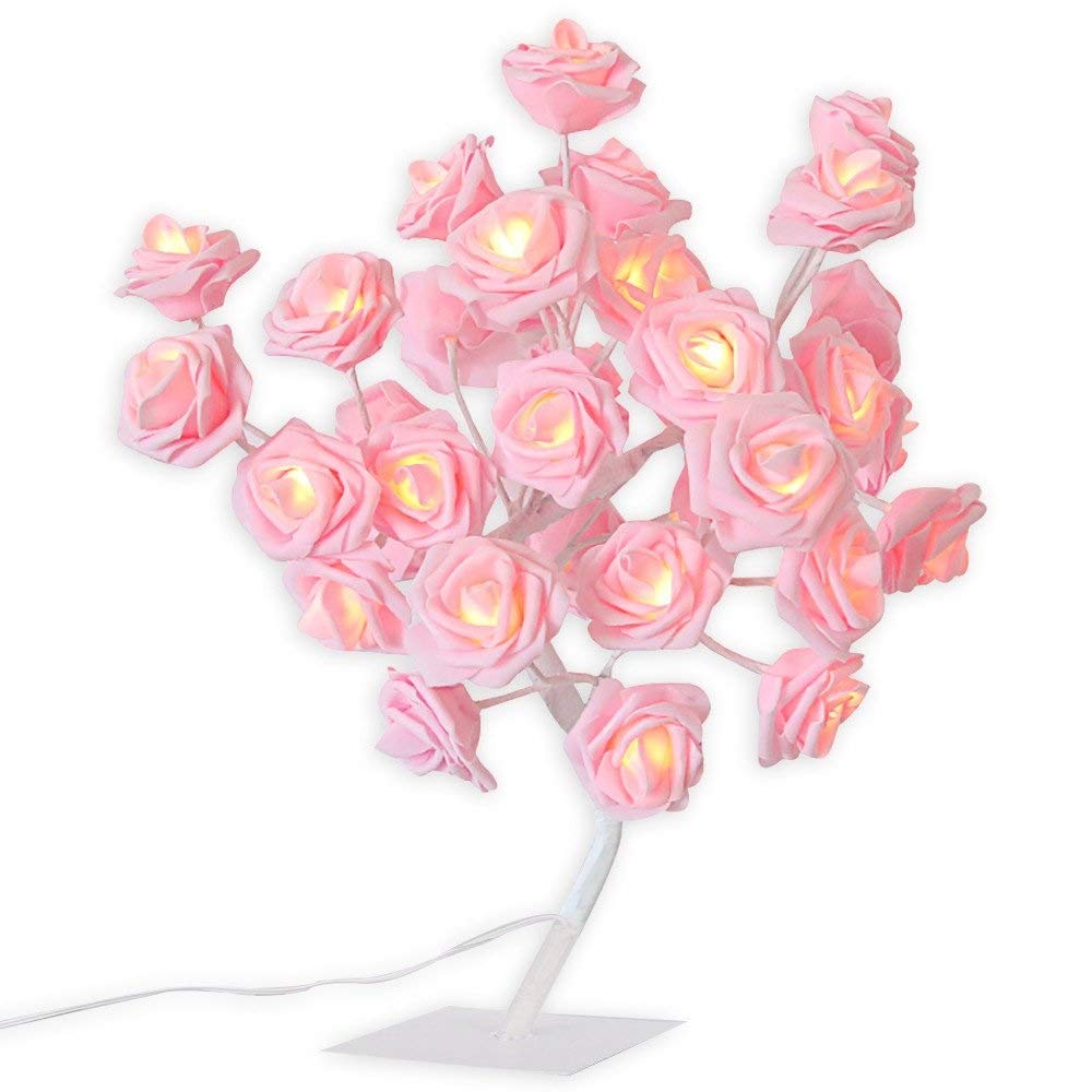 Elegant Rose Pink LED Flower Desk Lamp - 24 Warm White Lights for Girls Bedroom, Party, Wedding & Home Decor | Perfect for Mother's Day Gifts & Indoor Lighting