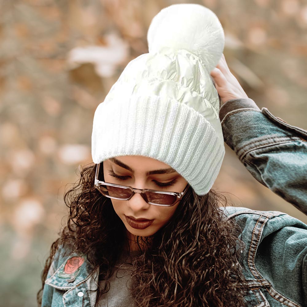 White Fleece Lined Puffer Knit Pom Pom Beanie Hat - Winter Warm Knitted Cap for Women & Men - Perfect for Snow Sports, Skiing, and Cold Weather Fashion