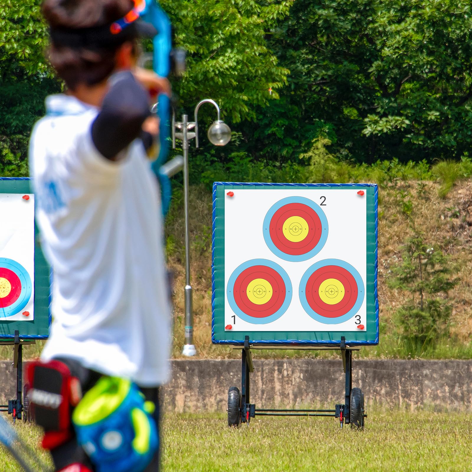 100-Pack 17x17 Inch 3-Spot Archery Target Papers with 4 Target Pins - Durable Bow and Arrow Shooting Practice Targets for Indoor/Outdoor Range Training, Hunting Prep, and Competitive Archery