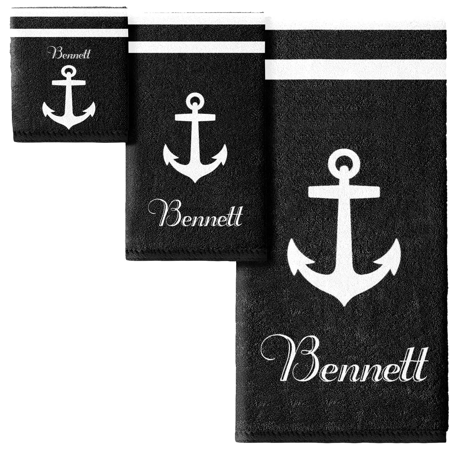 Quick Dry Microfiber Beach Towel Set - Personalized Nautical Anchor Design with Black Stripes for Adults & Kids | Perfect for Pool, Bath, Travel & Wedding Gifts