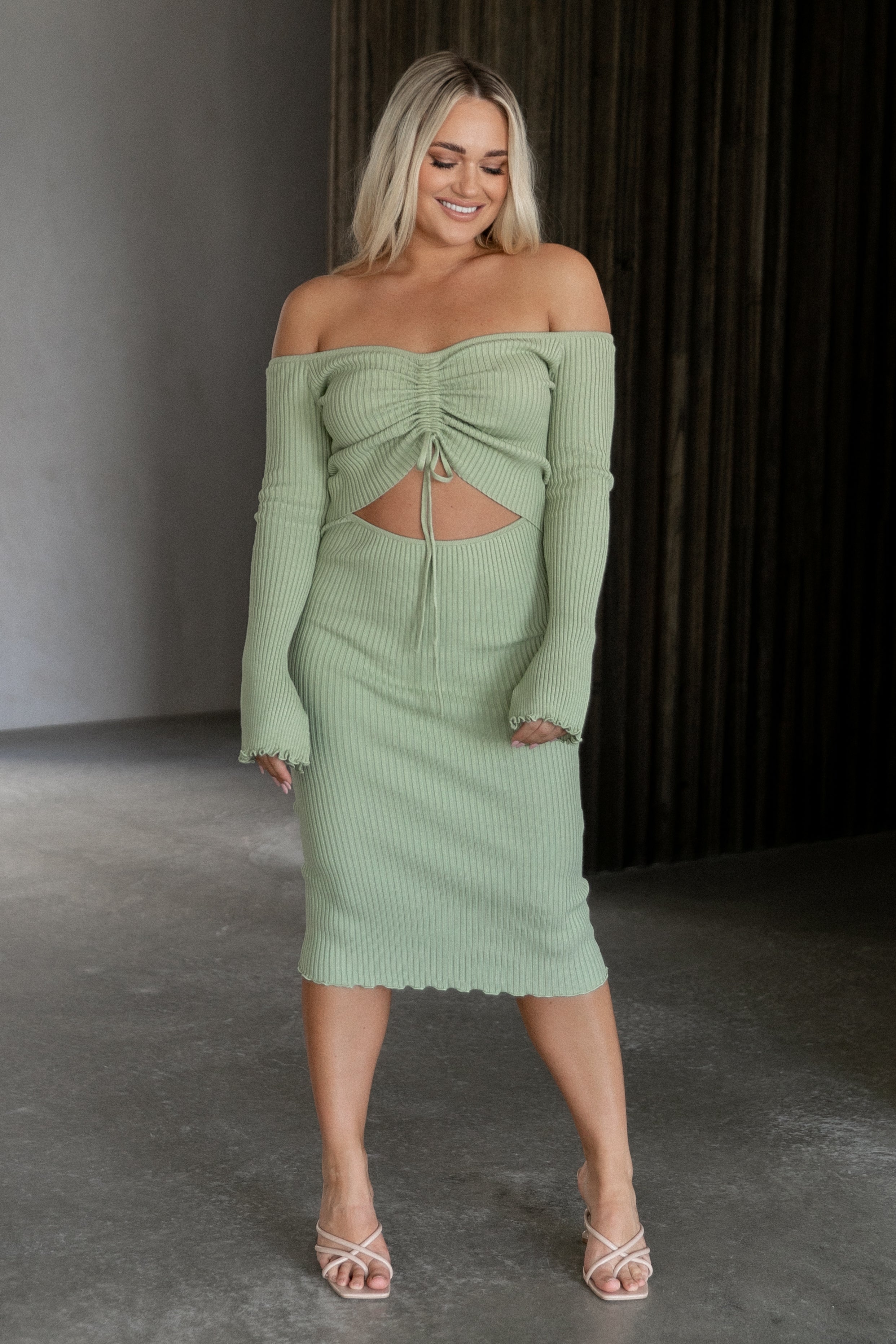 Geneva Off Shoulder Midi Dress in Sage Green - Flowy Summer Dress for Beach, Wedding & Date Night