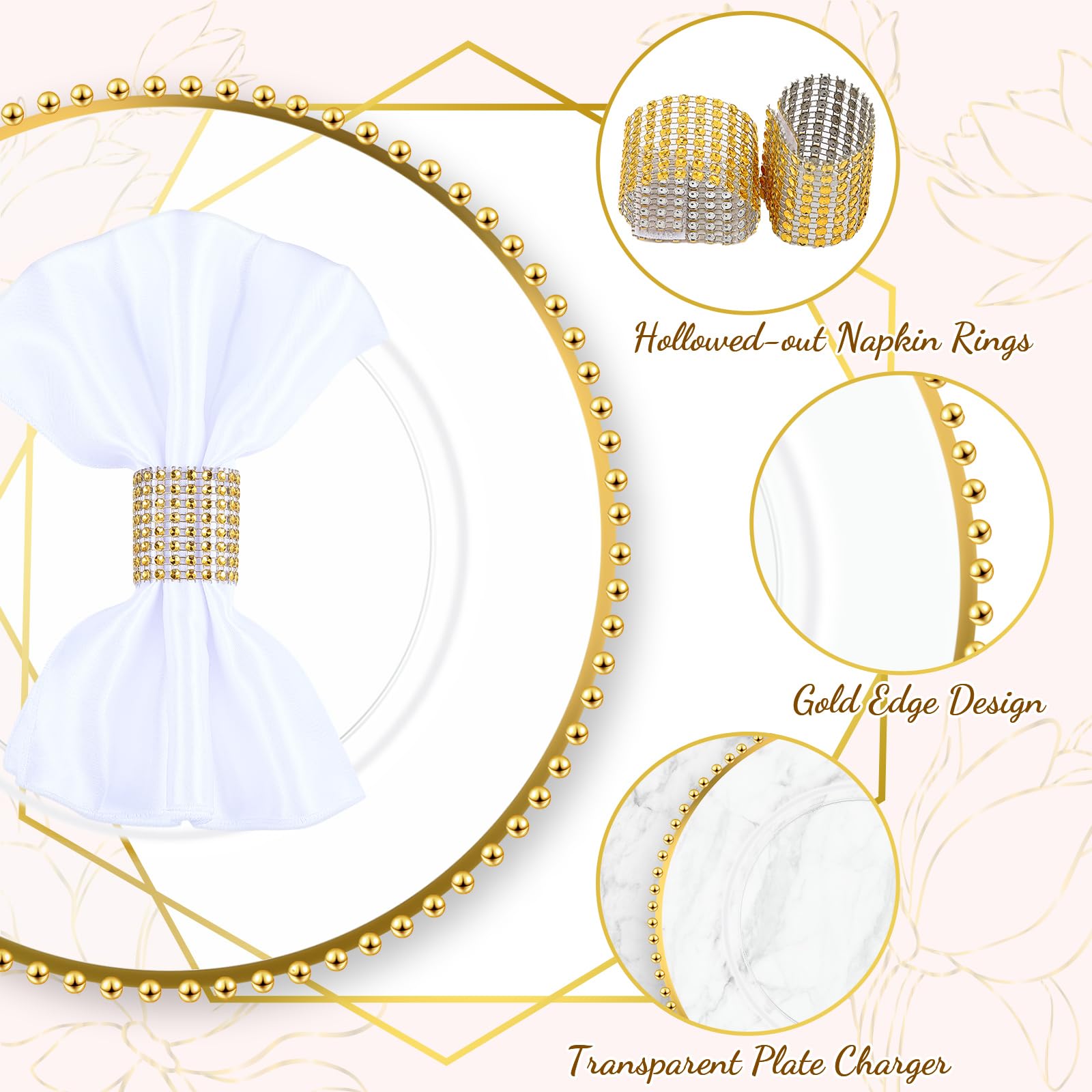 Uiifan 100 Pcs 50 Sets Clear Gold Charger Plates & Napkin Rings - 13 Inch Plastic Beaded Rim Acrylic Dinner Plates for Wedding, Party, Banquet Table Decorations - Elegant Table Setting for Formal Events & Holiday Dinners