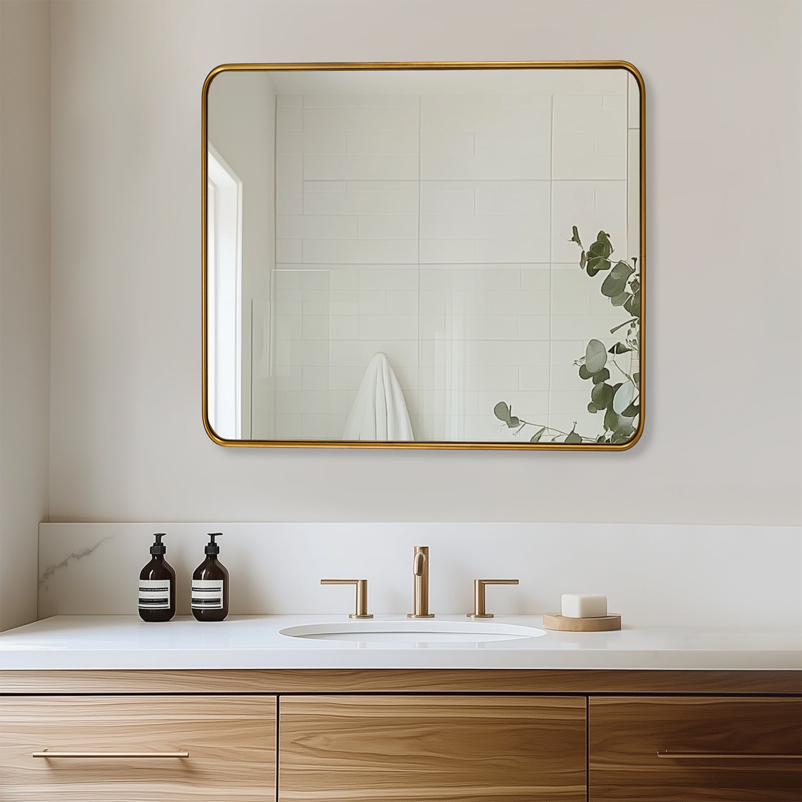 Modern Rounded Rectangular Bathroom Wall Mirror with Aluminum U-Tube Frame - Perfect for Vanity, Powder Room, and Contemporary Home Decor
