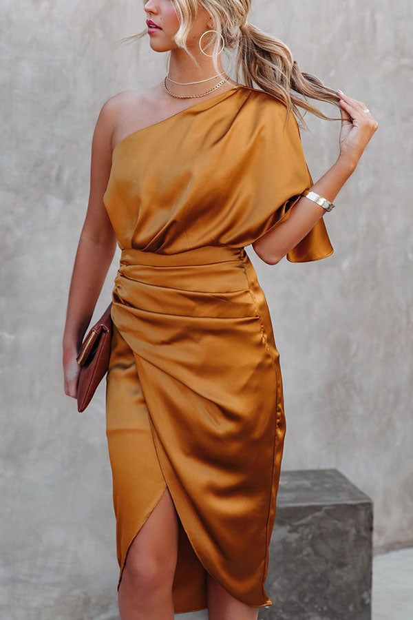 Glam Expectations One Shoulder Satin Drape Dress - Elegant Evening Gown for Prom, Cocktail Party & Special Occasions