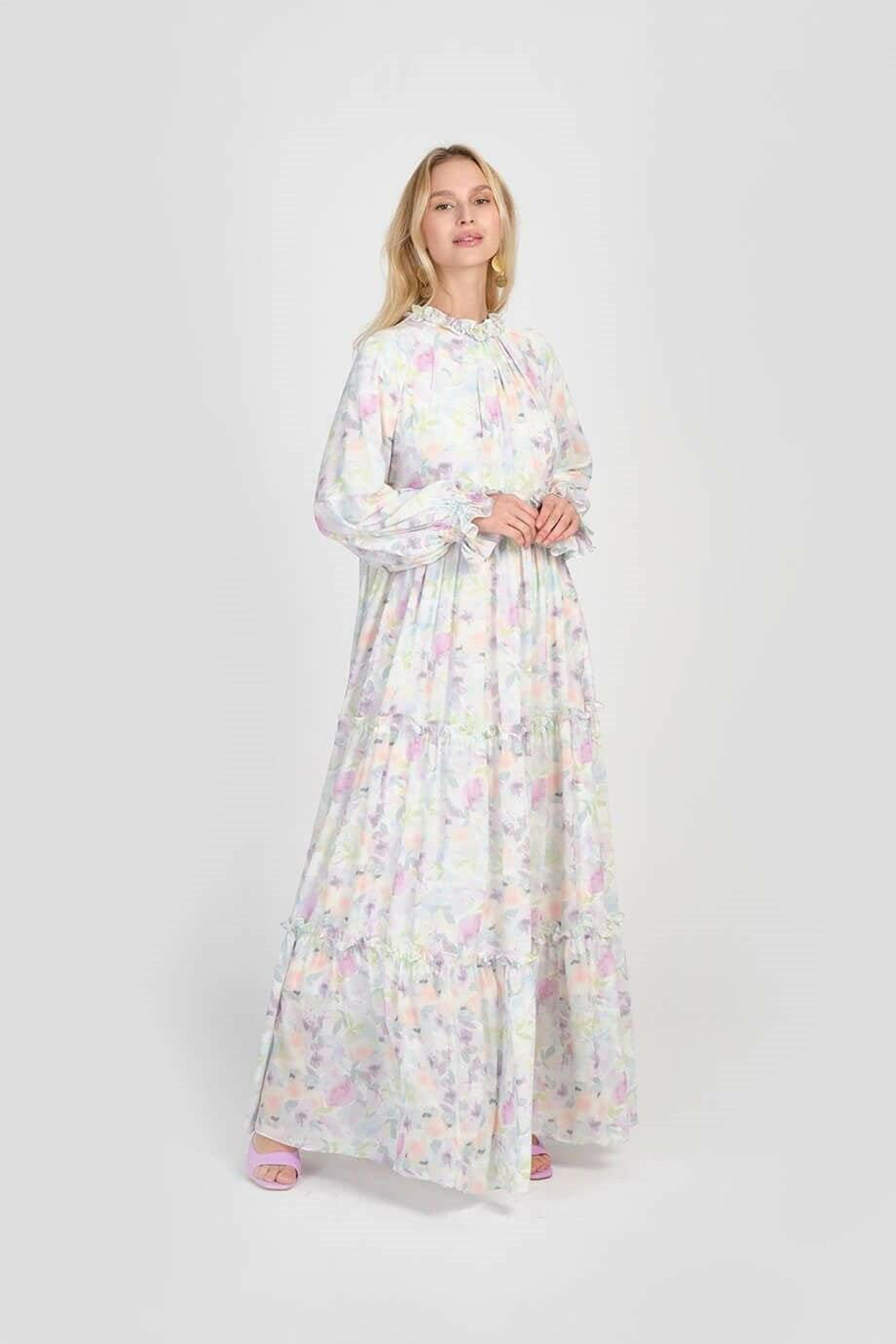 Maria White Women's Modest Dress - Elegant Long Sleeve Maxi Dress for Church, Wedding & Special Occasions