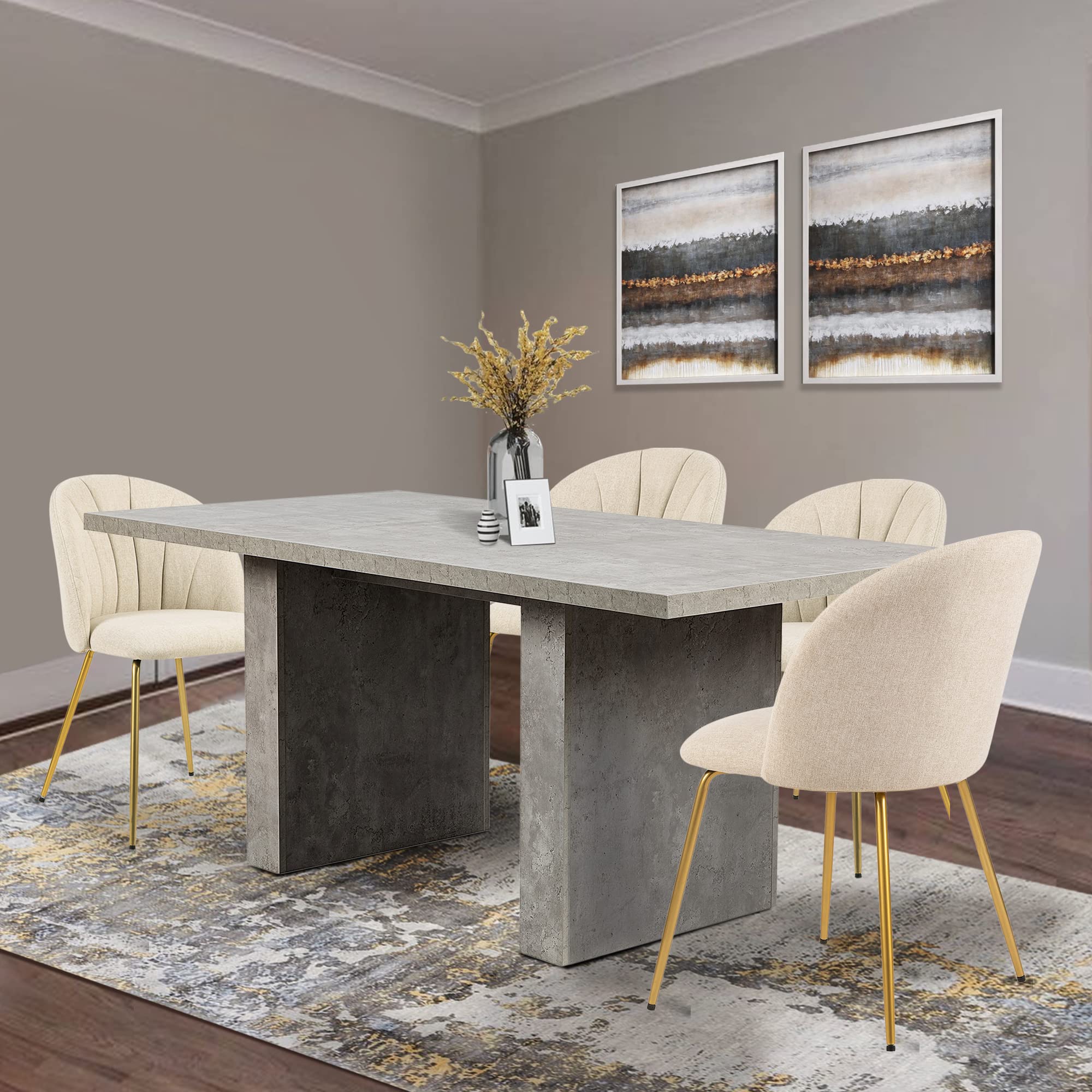 LEEJAY 32 Inch Mid Century Modern Dining Chairs - Set of 4 Beige Fabric Upholstered Accent Chairs with Gold Metal Legs for Kitchen, Living Room & Dining Room | Comfortable Seating for Family Meals & Entertaining Guests