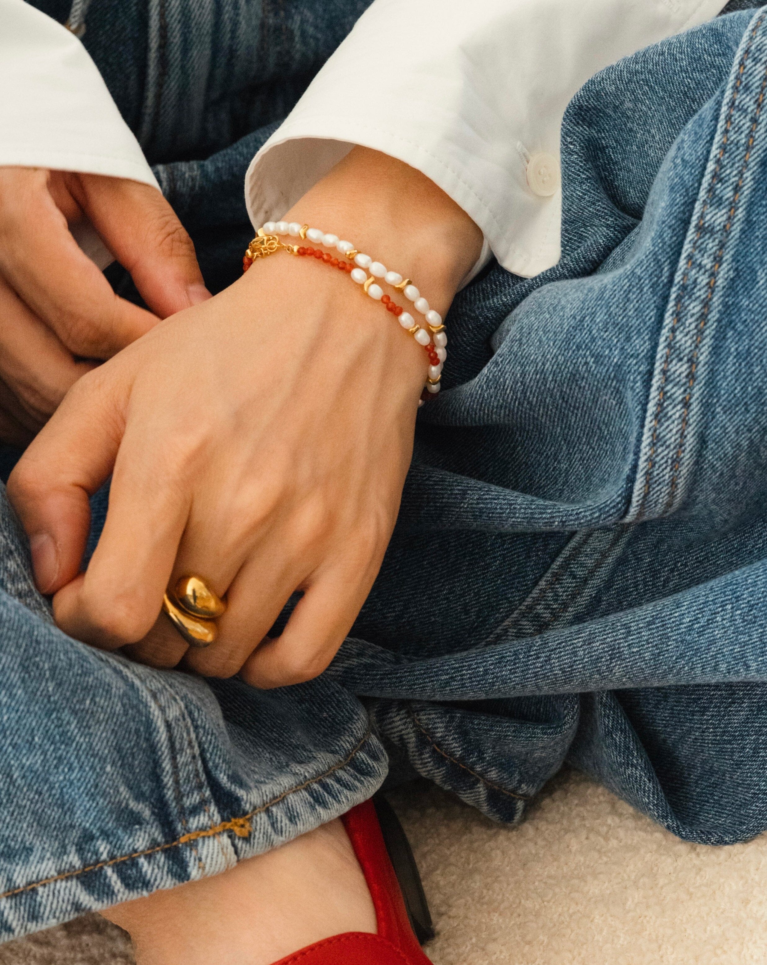 Savi Seed Pearl Beaded Bracelet with Red Quartz | Elegant Handmade Jewelry for Women | Perfect for Weddings, Parties & Everyday Wear
