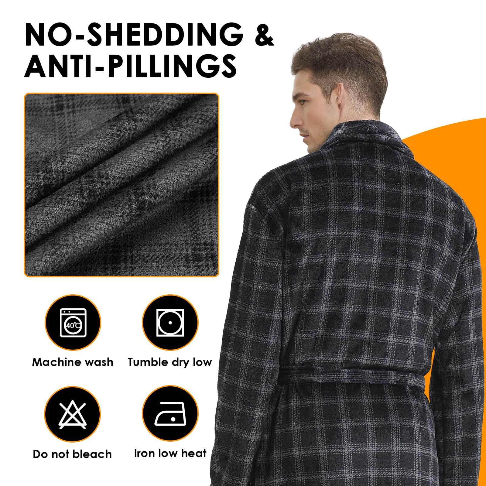 Men's Soft Fleece Plush Bathrobe - Full Length Big & Tall Shawl Collar Plaid Robe for Men - Cozy Lounge Wear for Home, Spa & Relaxation