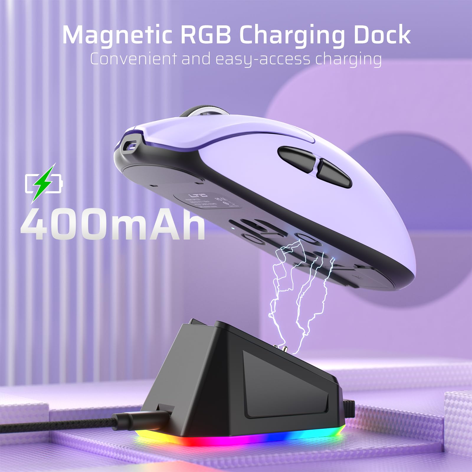 LTC GM022 Ultralight Wireless Gaming Mouse - 55g Ergonomic Design, PAW3395 26K DPI Sensor, RGB Charging Dock, 3 Modes (Bluetooth/Wired/2.4G), 5 Programmable Buttons, 80M Click Switch | Perfect for FPS, MOBA & Office Work