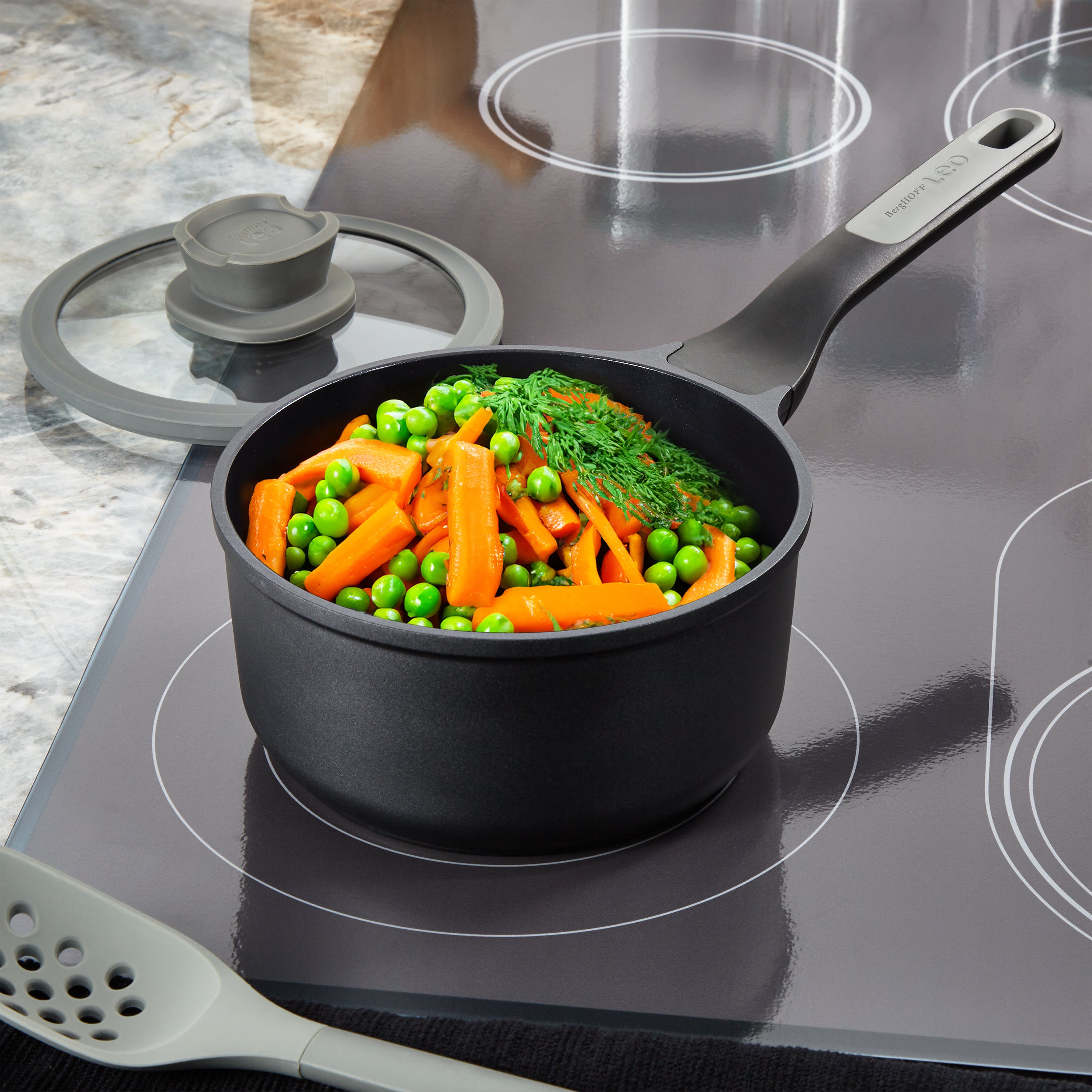 BergHOFF Leo Stone+ Nonstick Ceramic 7-Inch Sauce Pan with Lid | 2.1 Quart Recycled Aluminum Cookware | Perfect for Simmering, Boiling & Sauce Making in Small Kitchens