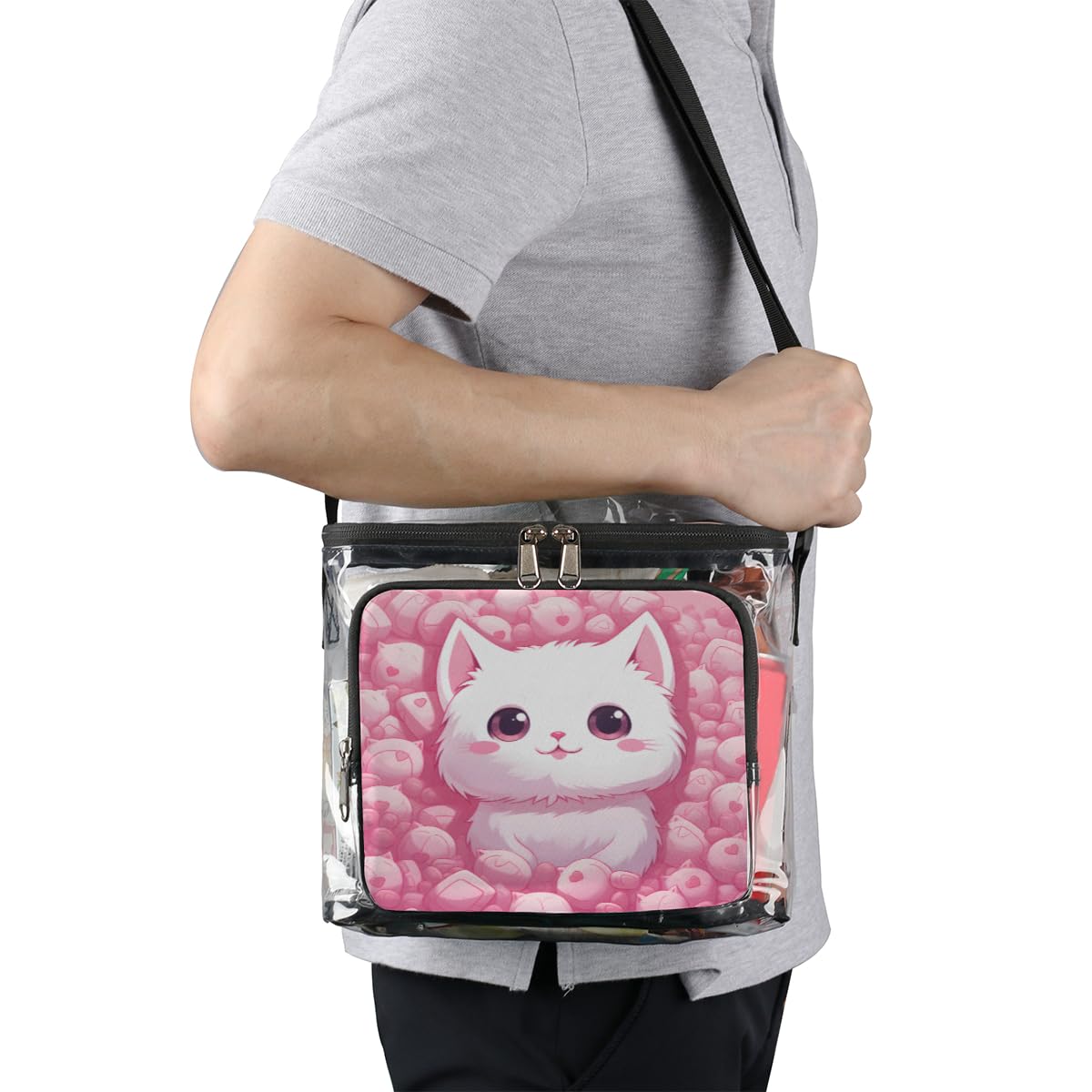 GzLeyigou Pink Cute Kitten Clear Tote Bag with Handles - Transparent Crossbody Shoulder Purse for Women, White Cat Design Lunch Bag | Perfect for Outdoor Travel, Picnic, Concerts, Sports Events & Stadium Approved | Waterproof & Lightweight Daily Essentials Carrier