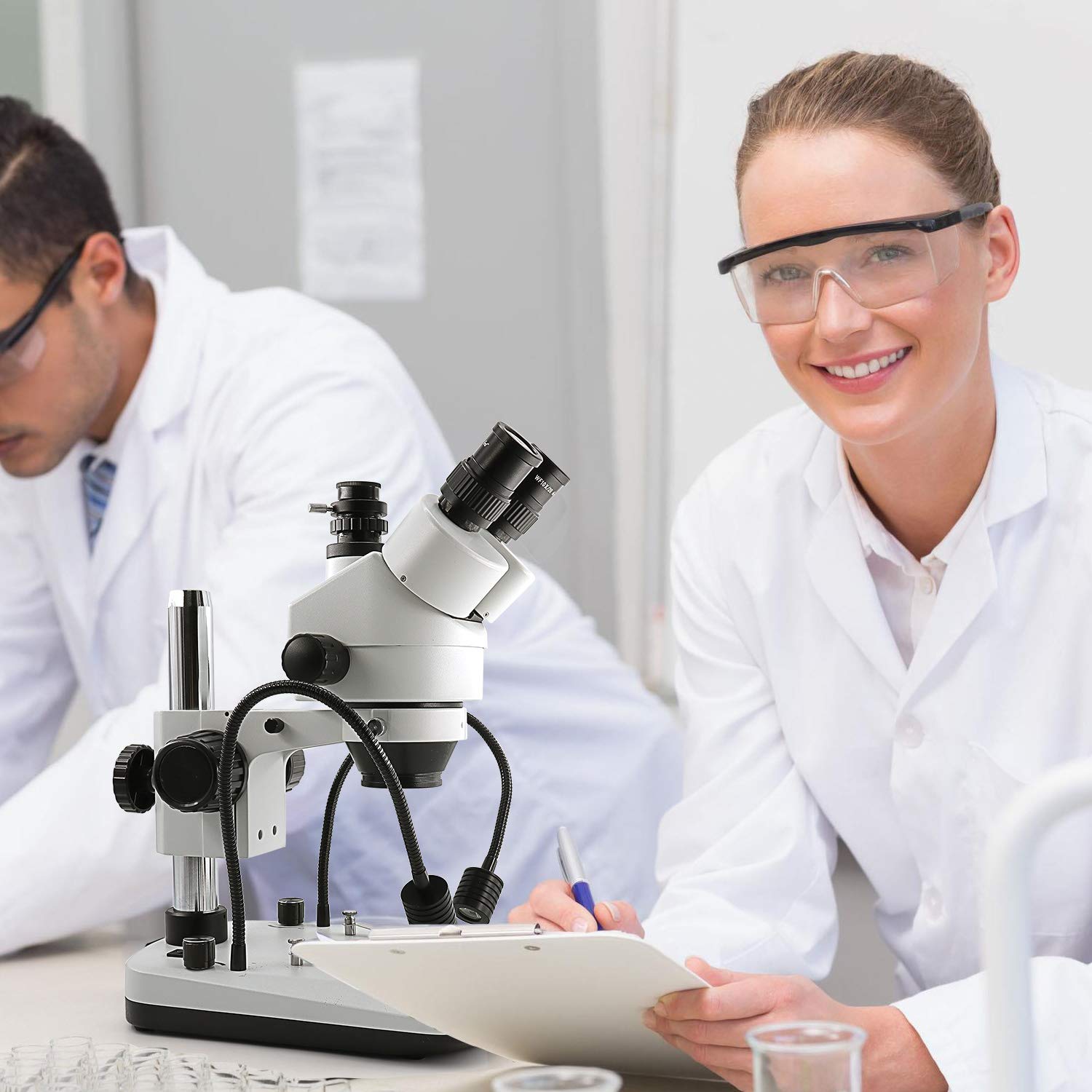 Swift S7-TGL-CA05 Trinocular Stereo Microscope with 7X-45X Zoom, WF10X Eyepieces, Gooseneck & Transmitted LED Lights - Perfect for Jewelry Appraisal, Coin Collecting, PCB Inspection, and Biological Research (110V, Pillar Stand)