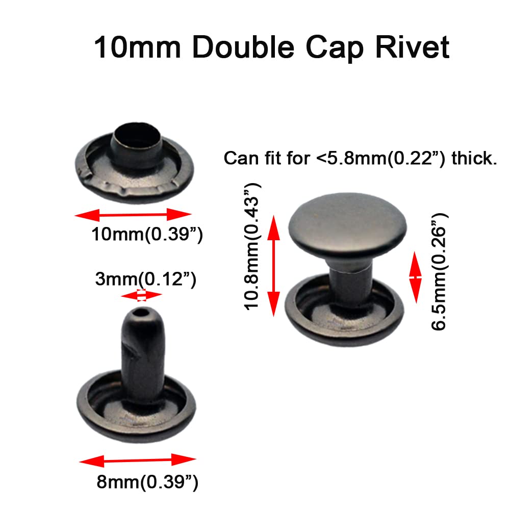 160 Sets Stainless Steel Leather Rivets - Double Cap Tubular Metal Studs for Leather Craft, Clothes, Shoes, Bags & Belts (10mm Gunmetal Black) - Perfect for DIY Repairs, Decoration & Craft Accessories