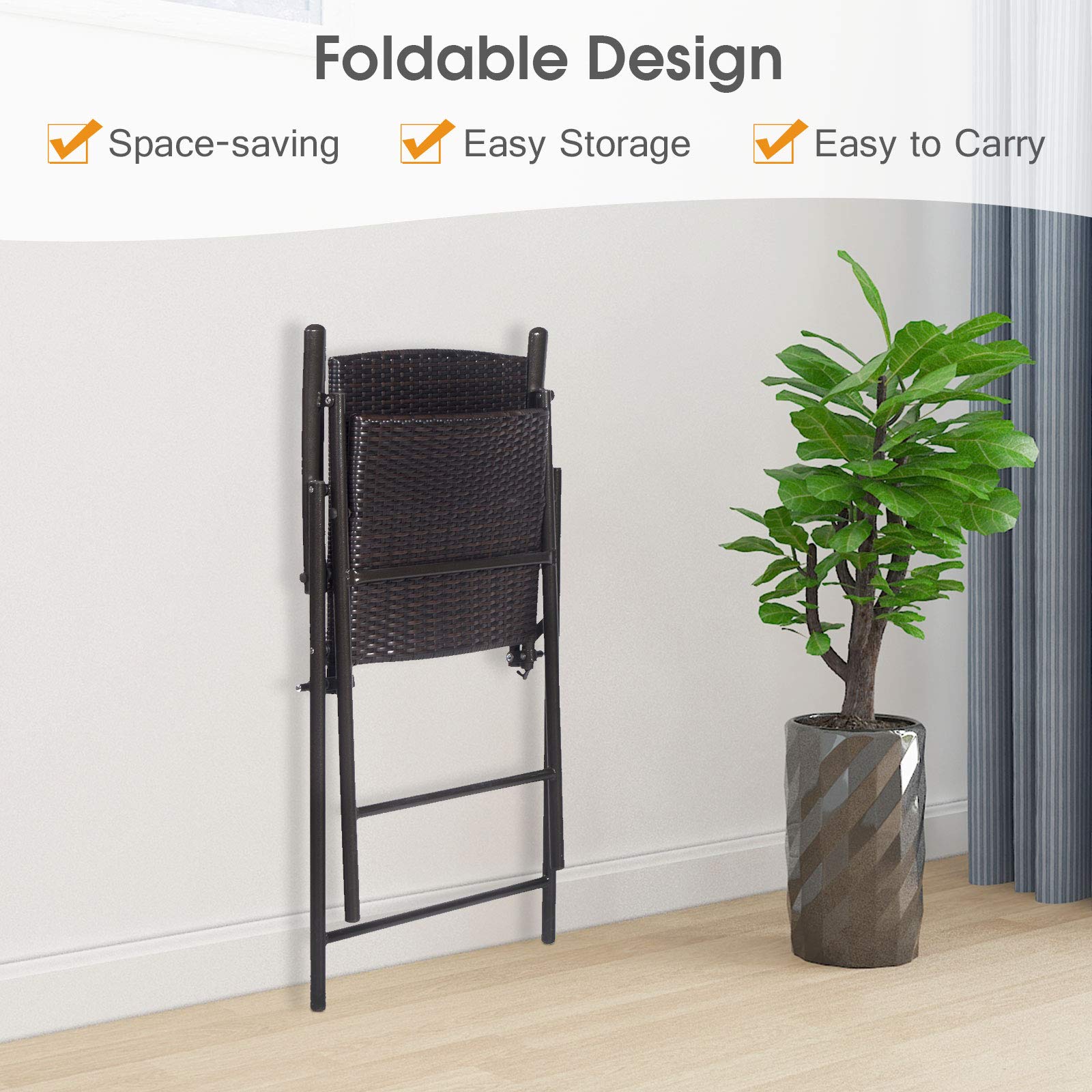 4-Piece Folding Wicker Rattan Bar Stool Set - Tall Backrest Bar Chairs with Steel Frame, Armrests & Footrest - Outdoor Patio Furniture for Garden, Poolside & Restaurant Use