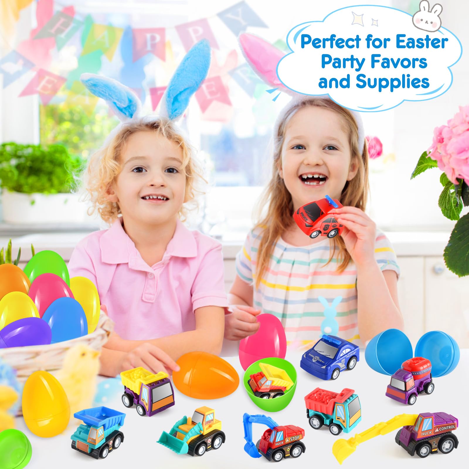 24-Pack Easter Toy Cars - Pull Back Construction Trucks & Police Cars for Kids Party Favors | Easter Egg Hunt Gifts, Classroom Prizes & Basket Stuffers | Great for Easter Celebrations, Birthday Parties & School Rewards