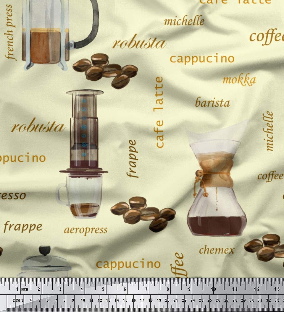 Soimoi 100% Cotton Voile Fabric by The Yard - 56 Inch Wide - Yellow Printed Text & Coffee Maker Design - Lightweight & Breathable Material for DIY Dresses, Curtains, Home Decor - Perfect for Coffee Lovers & Craft Projects