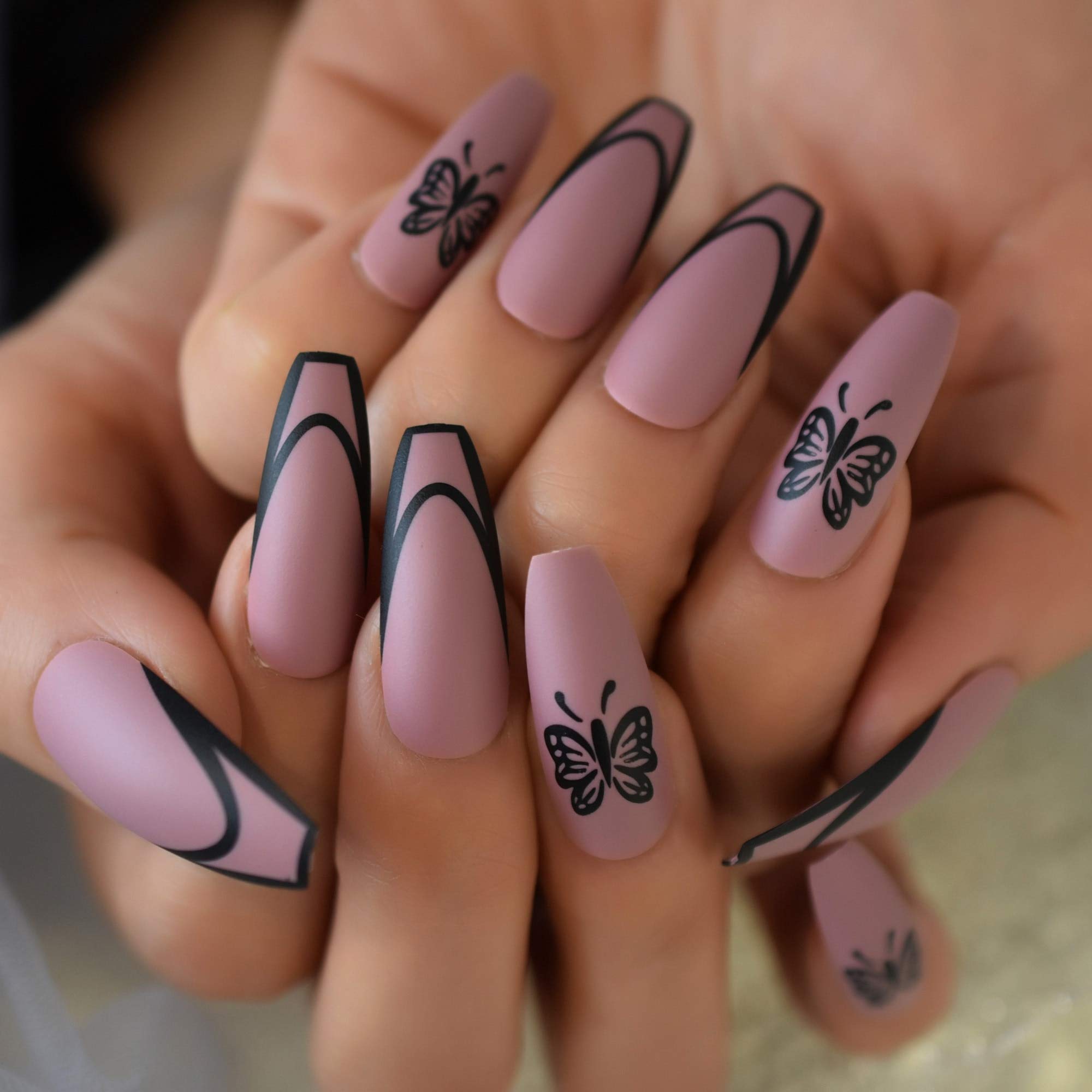 Matte Butterfly Press On Nails - Pink & Purple Coffin Fake Nails with Full Cover Tips for Salon & DIY Manicure | Perfect for Parties, Weddings & Special Occasions