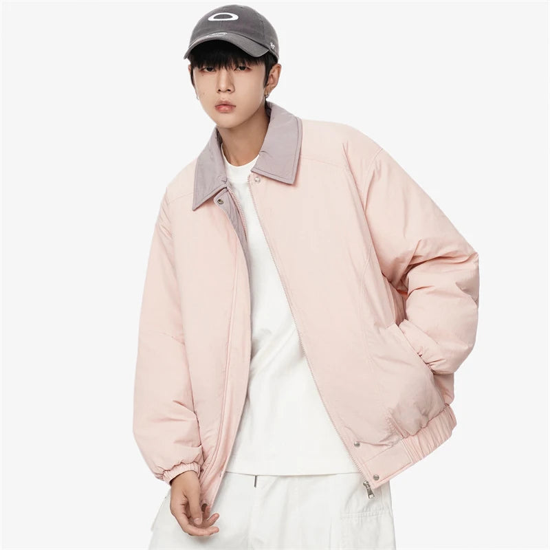 American Style Men's Padded Jacket with Turn-Down Collar, Contrast Color Zipper, Loose Fit Thick Short Coat for Winter - Casual Outdoor Wear, Street Fashion, and Daily Commuting (2024 Collection, Style 9C8546)