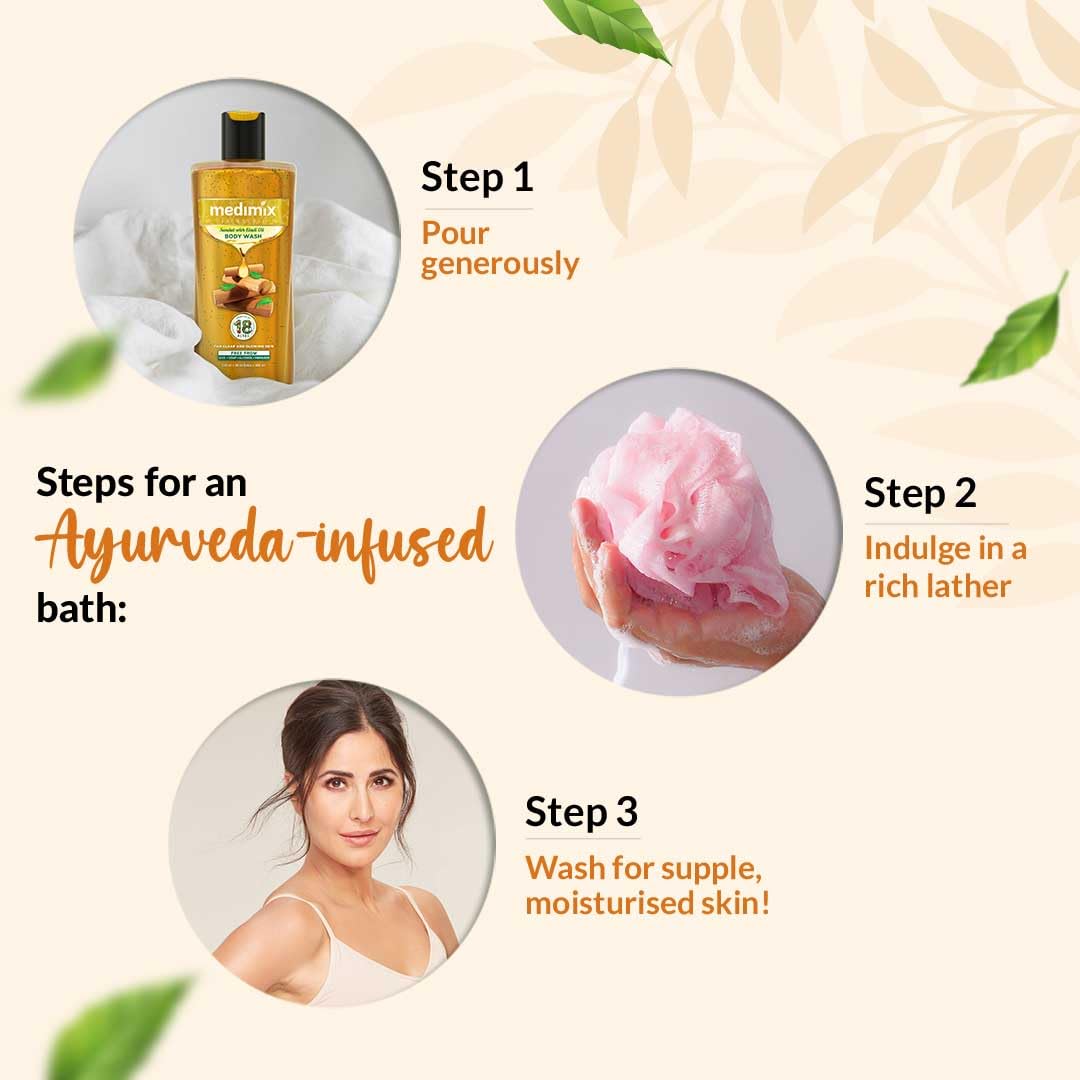 Medimix Ayurvedic Body Wash with Sandal & Eladi Oil - 250ml + 50ml | Herbal Shower Gel for Clear, Glowing & Tan-Free Skin | Paraben & Sulfate Free | Perfect for Daily Skincare & Relaxing Bath Time