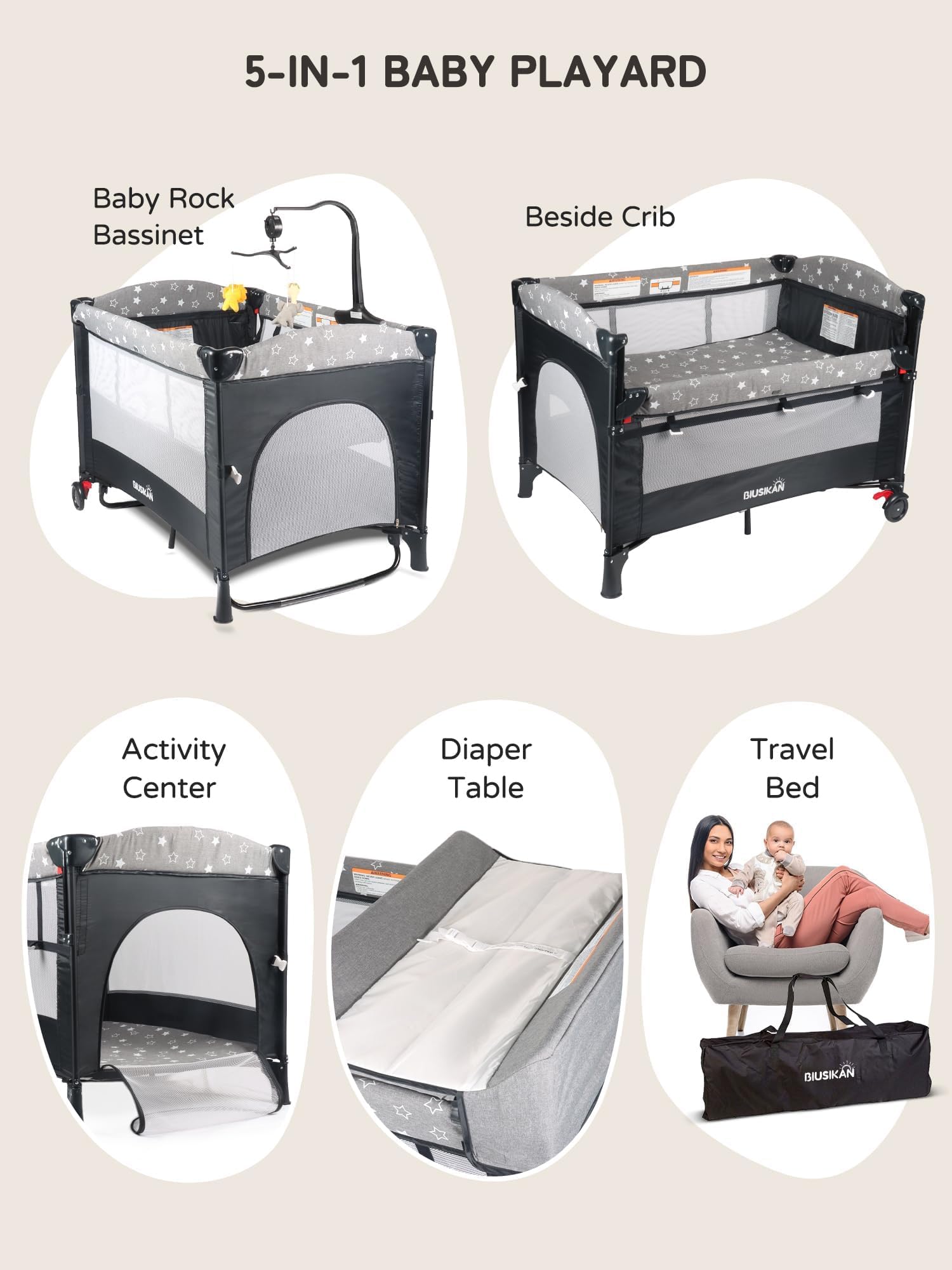 Portable 5-in-1 Baby Bassinet Bedside Crib with Mosquito Net, Mattress & Diaper Changer - Convertible Playpen for Newborns to Toddlers (0-24 Months) - Ideal for Nursery, Bedroom Co-Sleeping & Travel