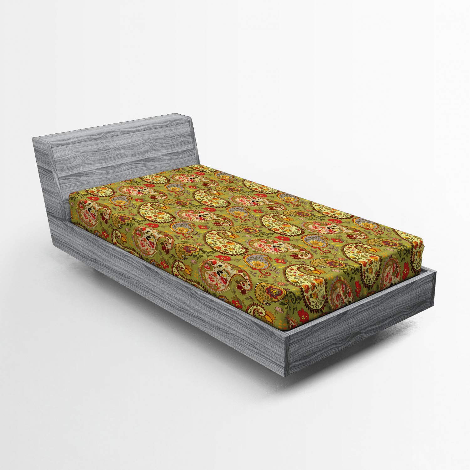 Ambesonne Paisley Fitted Sheet - Colorful Eastern Oriental Persian Inspired Pattern Green Twin XL Size with Deep Pocket Elastic - Perfect for Guest Beds, Dorms & Cozy Bedrooms
