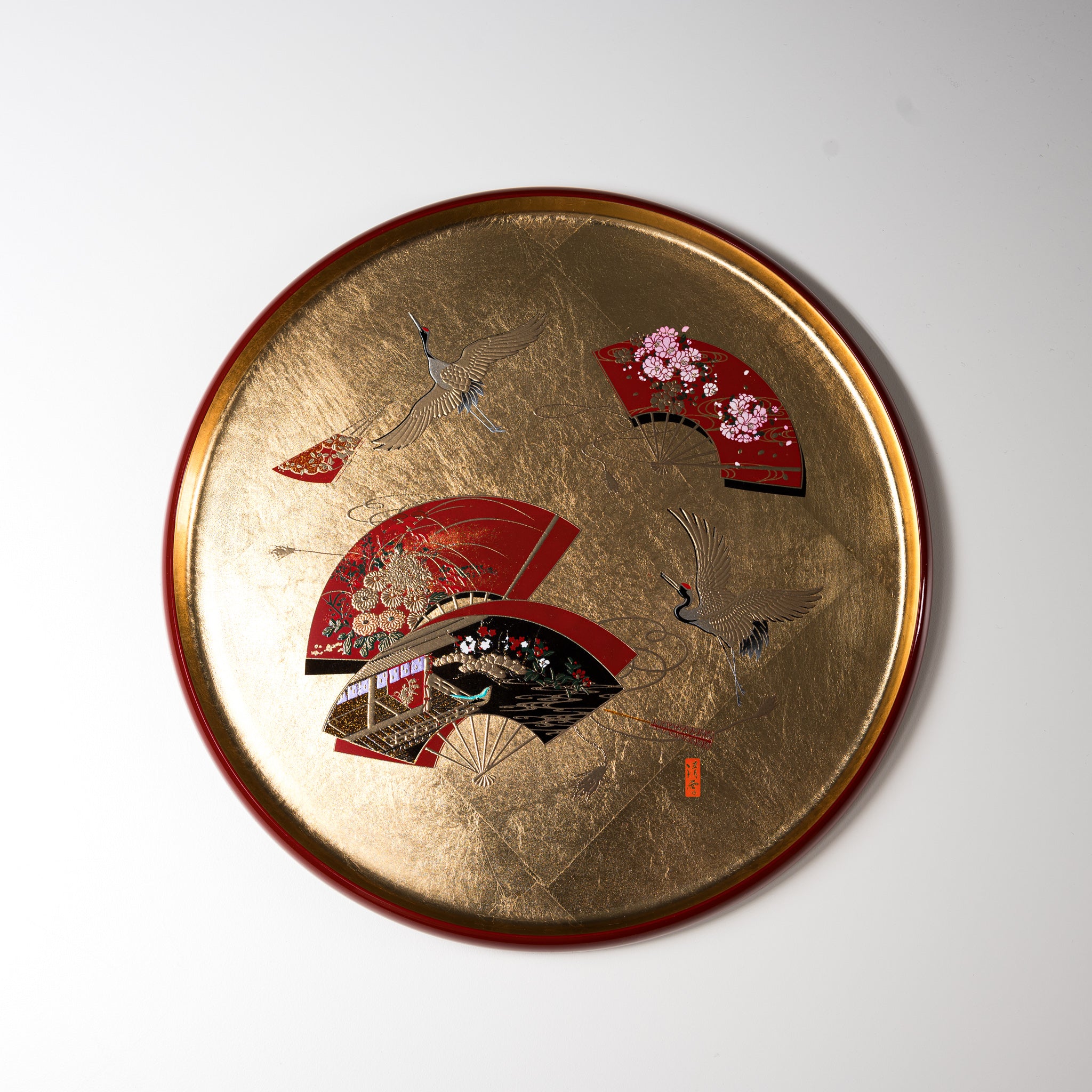 Premium Modern Yamanaka Lacquerware Tray with Gold Fan Motif - 27cm Handcrafted Japanese Serving Tray for Tea Ceremony, Sushi Presentation & Home Decor