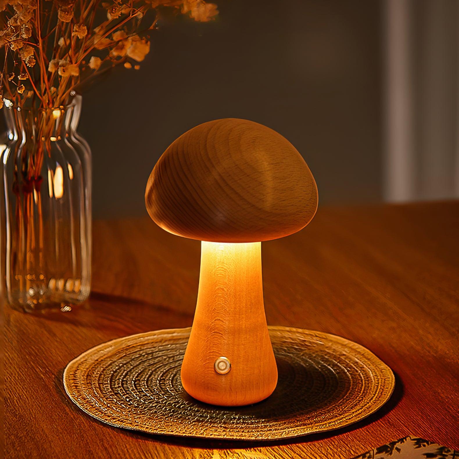 Handcrafted Wooden Mushroom Table Lamp - Natural Wood Night Light for Bedroom, Living Room & Nursery - Cozy Boho Decor with Warm Ambient Lighting
