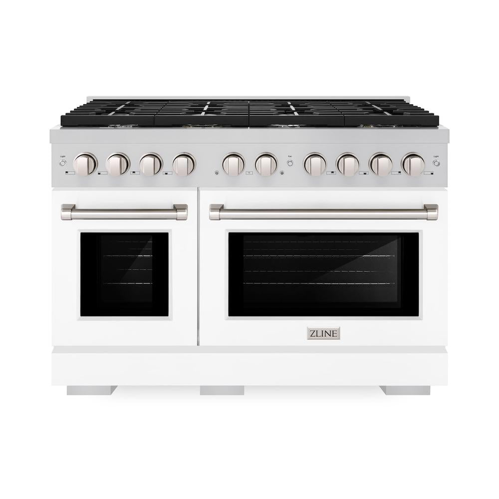 ZLINE 48-inch 6.7 cu. ft. Stainless Steel Dual Fuel Range with 8-Burner Gas Cooktop & White Matte Doors - Professional Double Oven for Home Kitchen Cooking, Baking & Entertaining (Model SDR WM 48)