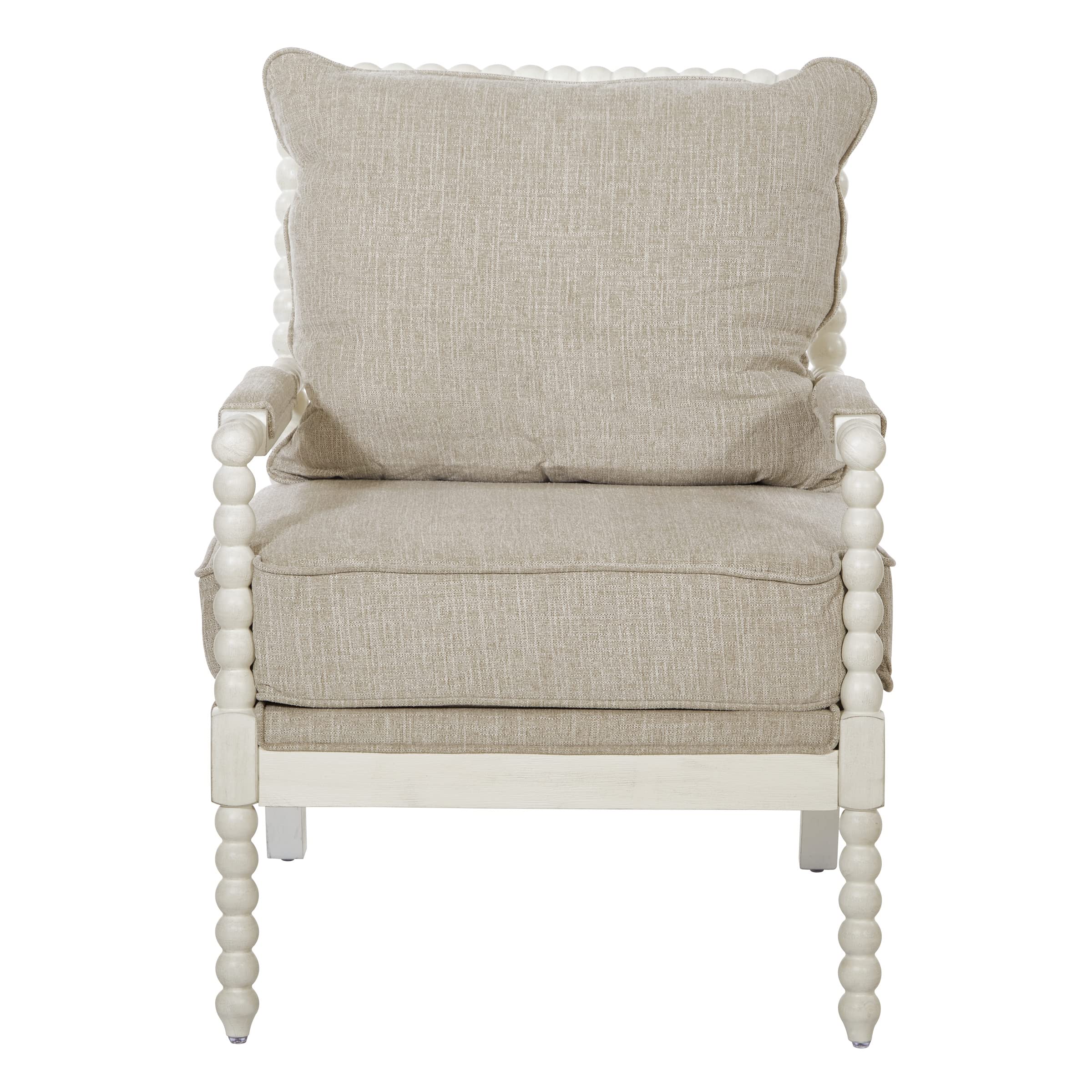 OSP Home Furnishings Kaylee Spindle Accent Chair - Antique White Wood Frame & Beige Linen Upholstery | Perfect for Living Room, Bedroom, or Office Decor