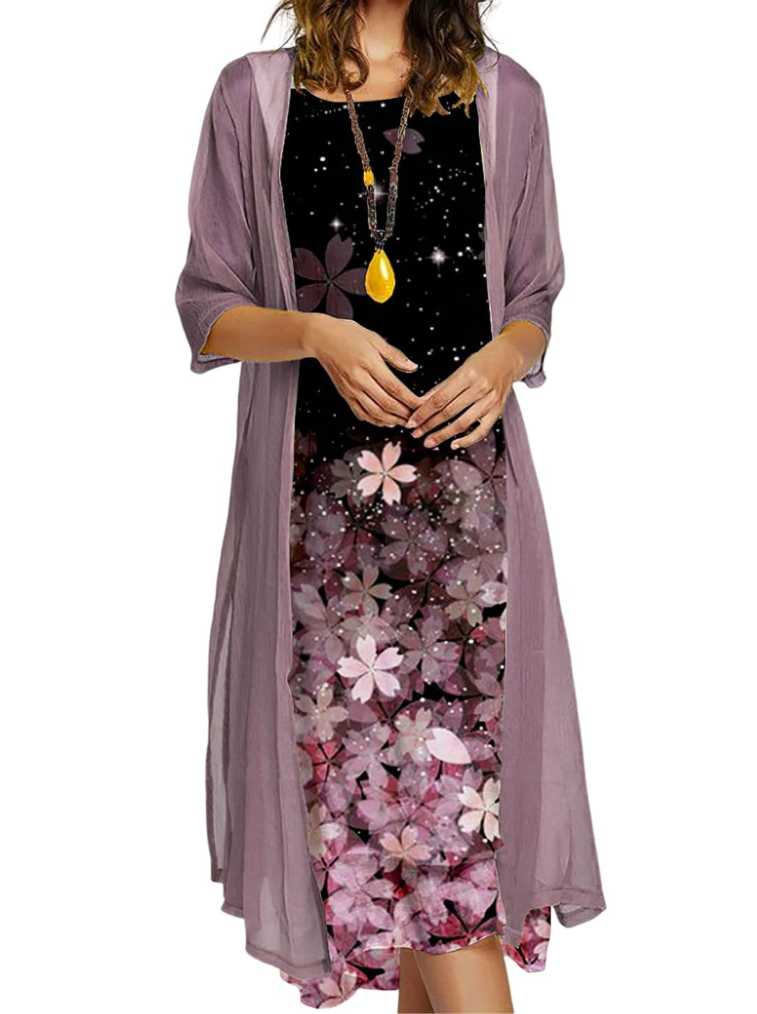 Elegant Women's Two Piece Set - Crewneck Sleeveless Midi Dress with Chiffon Cardigan | Plus Size Wedding Guest Outfit | Perfect for Bridal Showers, Cocktail Parties & Formal Events