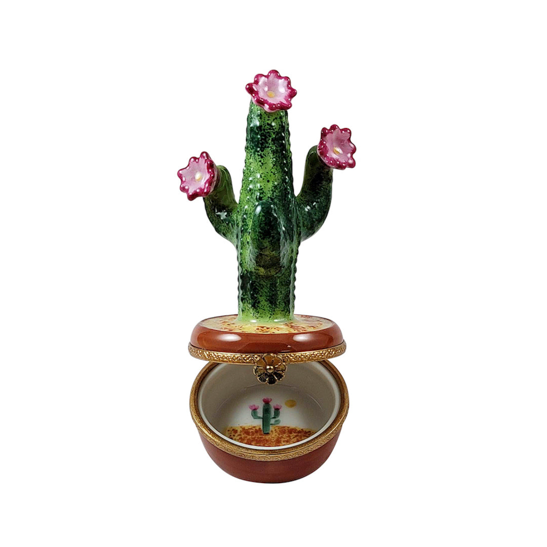 Exquisite Limoges Flowering Cactus Trinket Box - Hand-Painted French Porcelain Collectible for Home Decor, Gift & Jewelry Storage