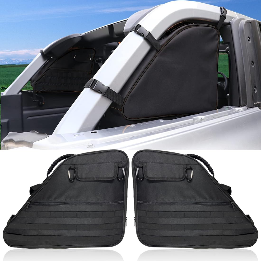 Heavy-Duty Roll Bar Storage Bag & Cargo Carrier Organizer - Universal Saddlebag Tool Kit for 2021-2023 Ford Bronco 4-Door (Black) | Off-Road Gear Storage & Adventure Accessories