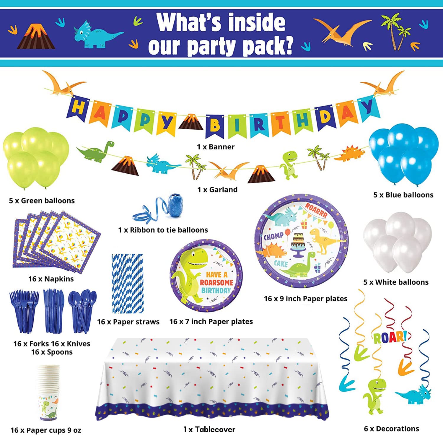 Whoobli Dinosaur Party Supplies Set for 16 Guests - Includes Plates, Cups, Utensils & Napkins | Complete Dinosaur Birthday Party Decorations for Boys | Perfect for Kids' Birthday Parties, Themed Events & Jurassic Adventures