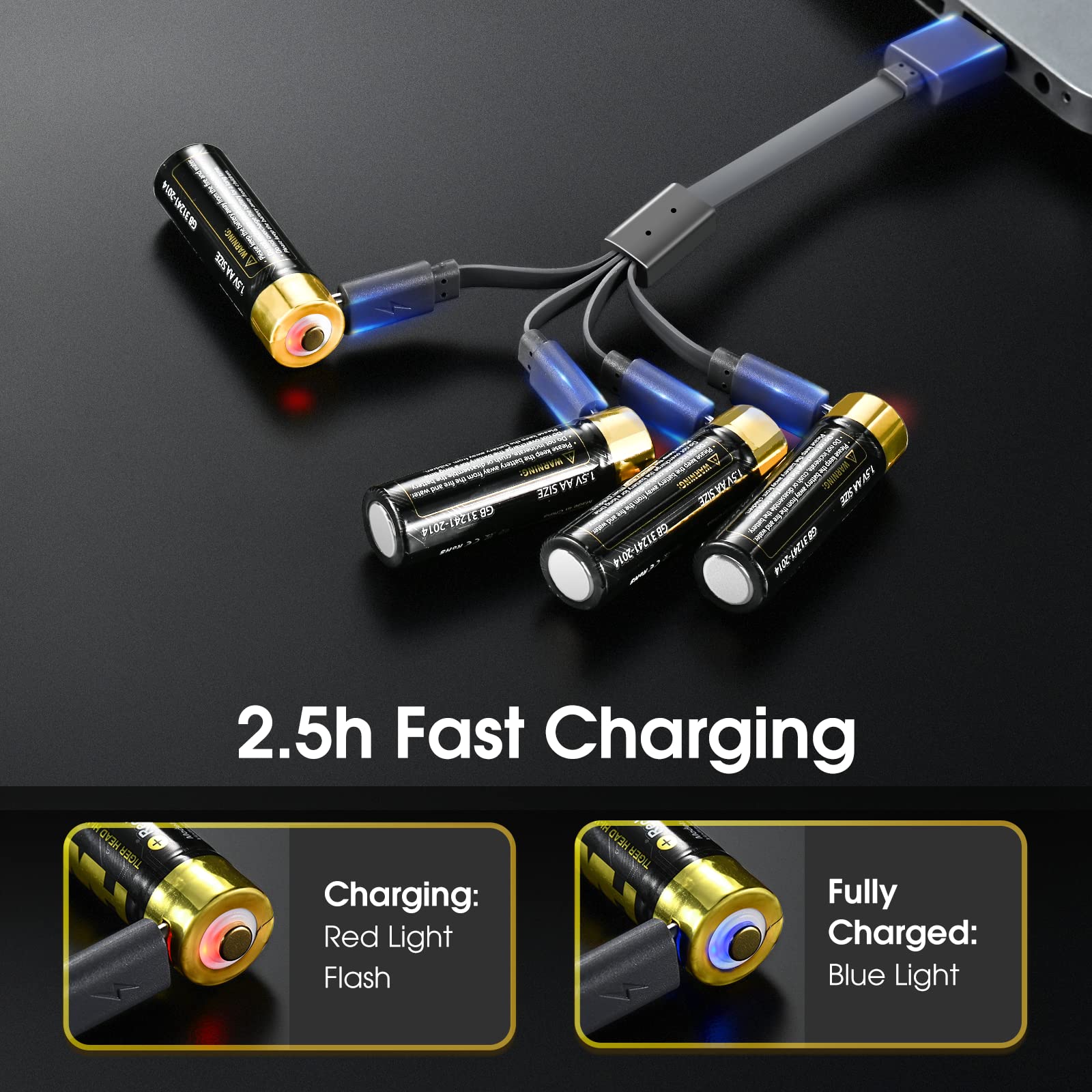 HW USB Rechargeable AA Lithium Ion Batteries 1.5V 2800mWh - Fast 2-Hour Charge, 1000+ Cycles - Includes 4-in-1 USB Charging Cable (8-Pack) - Perfect for Cameras, Game Controllers & Smart Home Devices