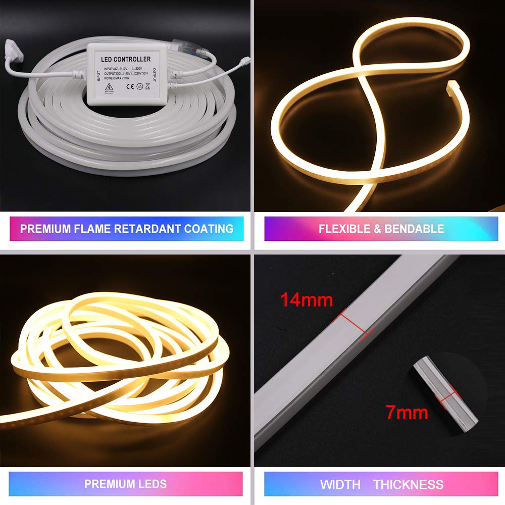 XUNATA 46ft LED Neon Strip Lights - Dimmable 110-120V Flexible Rope Light with Remote, 120 LEDs/M Waterproof 2835 SMD for Indoor/Outdoor Party Decor, Wedding, Bar, Bedroom Lighting (Pink) - Perfect for Home Decoration, Nightclub & Event Lighting