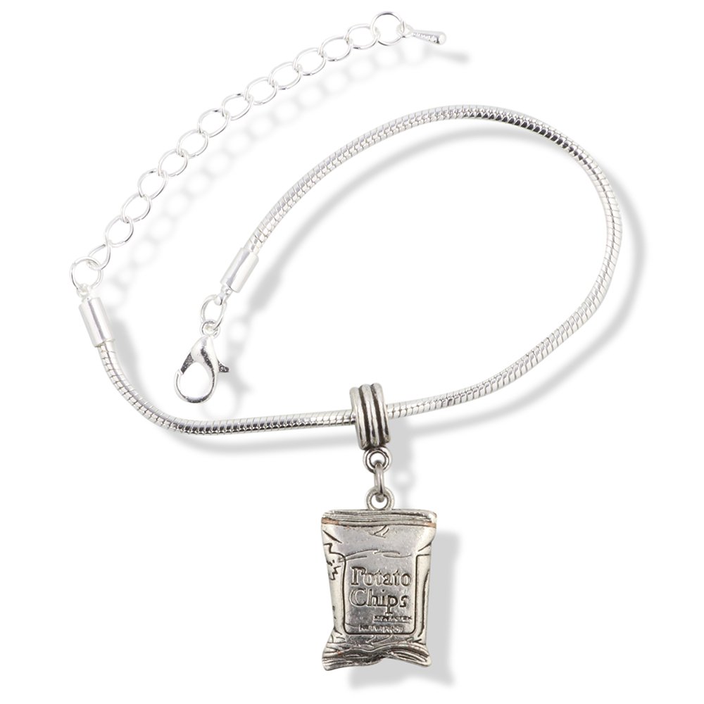 Dave The Bunny Potato Chip Charm Bracelet | Cute Snack Junk Food Themed Snake Chain Bracelet for Women - Perfect for Foodie Fashion, Kawaii Accessories & Gift Giving