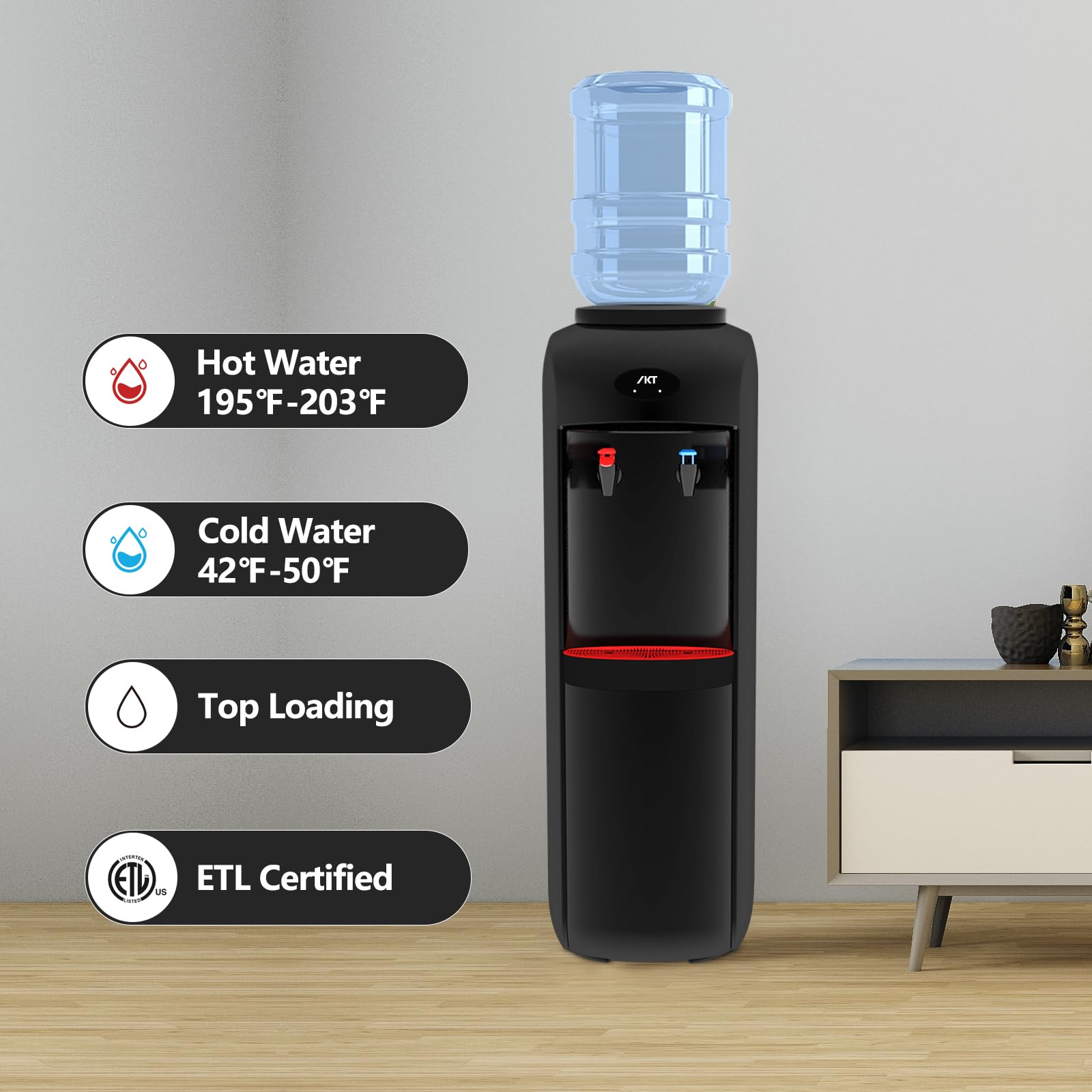 IKT Top Loading Water Cooler Dispenser with Compressor Cooling - Hot & Cold Water Dispenser with Child Safety Lock, Energy Saving, ETL Certified (Black) - Perfect for Home, Office, and Kitchen Use
