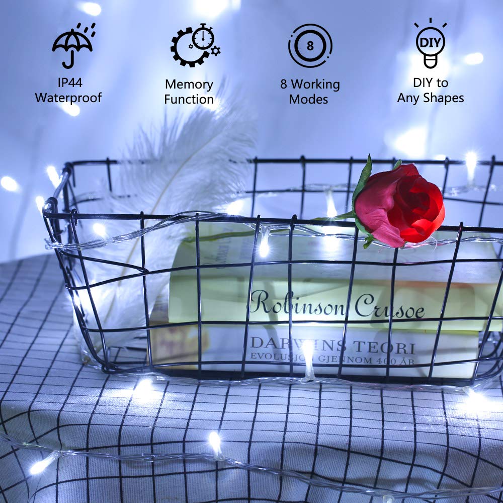 PhilzOps 100 LED Christmas Lights, 10m Indoor/Outdoor Waterproof String Lights with 8 Lighting Modes - Cool White Decorative Lights for Christmas Tree, Home, Party, Wedding & Birthday Decorations | Perfect for Holiday, Garden, Patio and Festive Celebrations