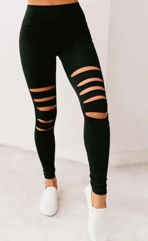 Stylish Black Ripped Leggings for Women - High Waist Stretchy Yoga Pants - Trendy Workout & Casual Wear
